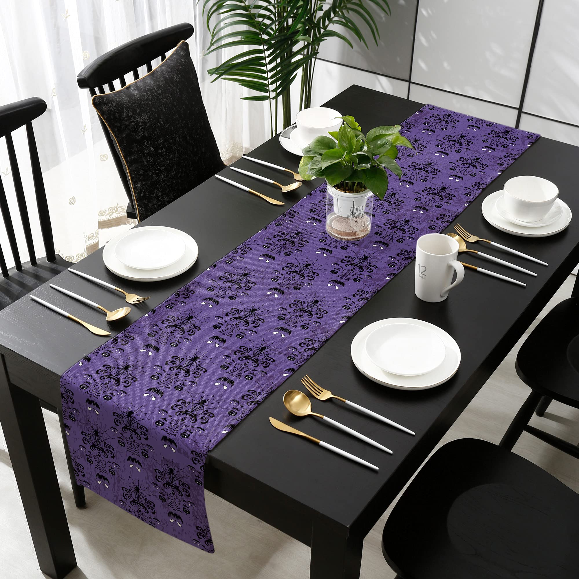 Haunted Mansion Halloween Table Runner - 13x70 Inch Spooky Ghost & Grimace Design Purple Black Decorative Tablecloth for Halloween Party Decor | Perfect for Dining Table Centerpiece, Buffet Decorations & Themed Events