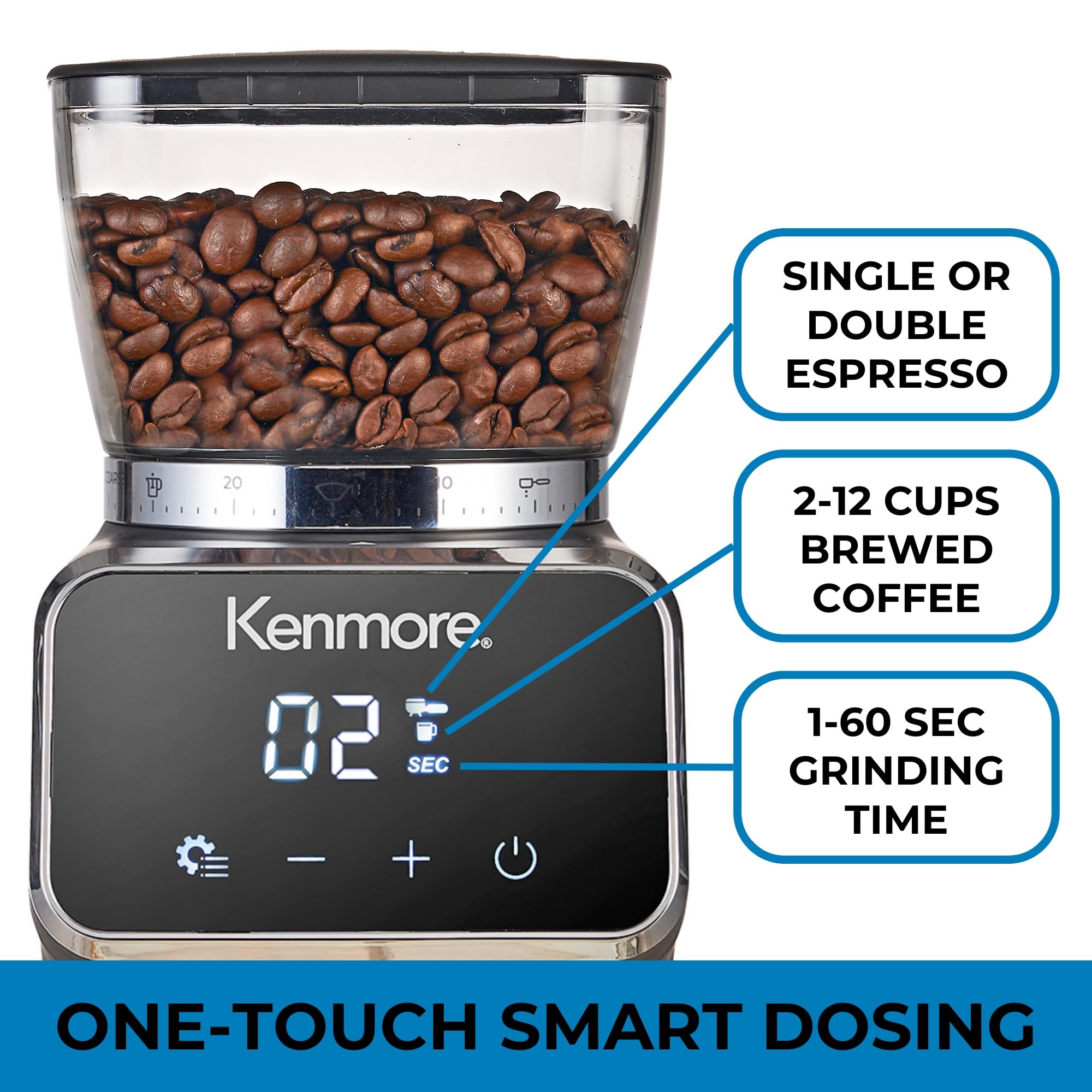 Kenmore Conical Burr Coffee Grinder - 30 Precise Grind Settings for Espresso, French Press, Drip Coffee & Spices, Digital Dosing Control, Perfect for Home Brewing & Kitchen Use