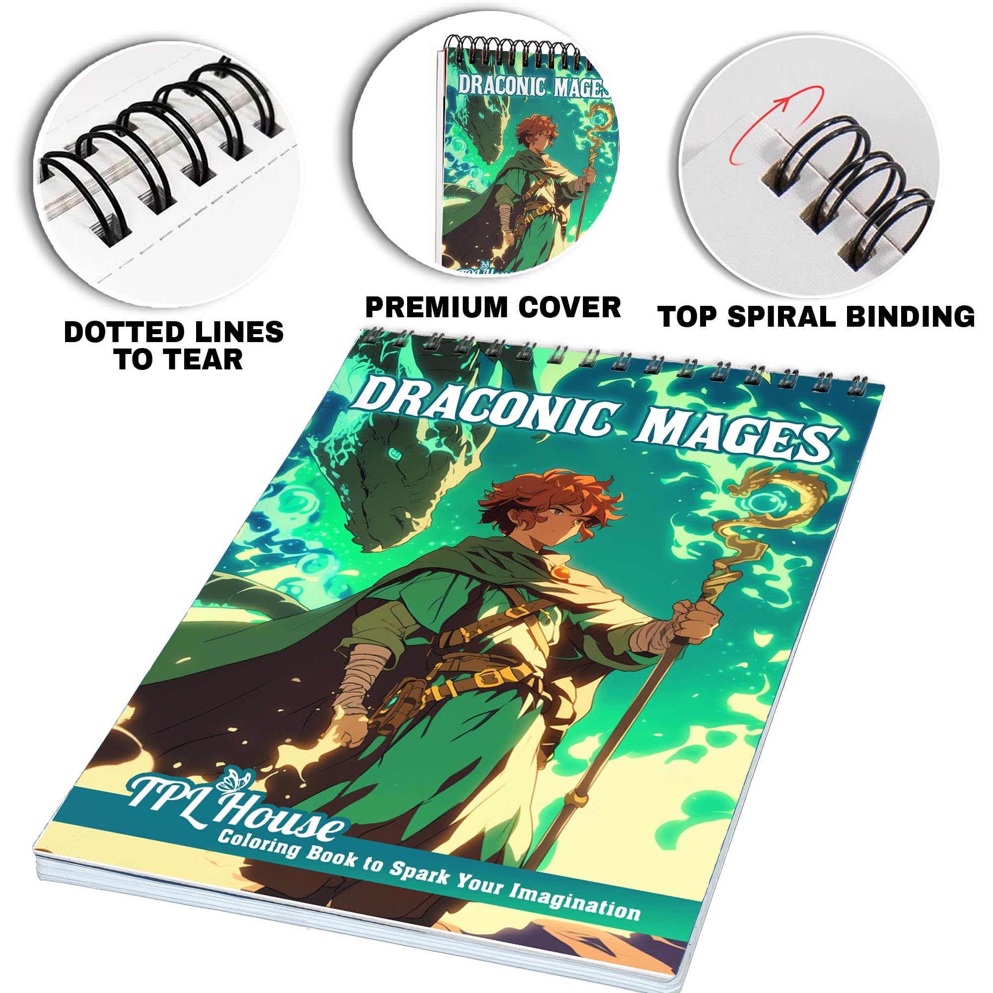 TPLHOUSE Draconic Mages Coloring Book for Adults - Spiral Bound Soft Cover with 30 Magical Dragon Mage Pages | Fantasy Art Therapy for Stress Relief & Relaxation | Perfect for Meditation, Creative Hobbies & Gift Giving