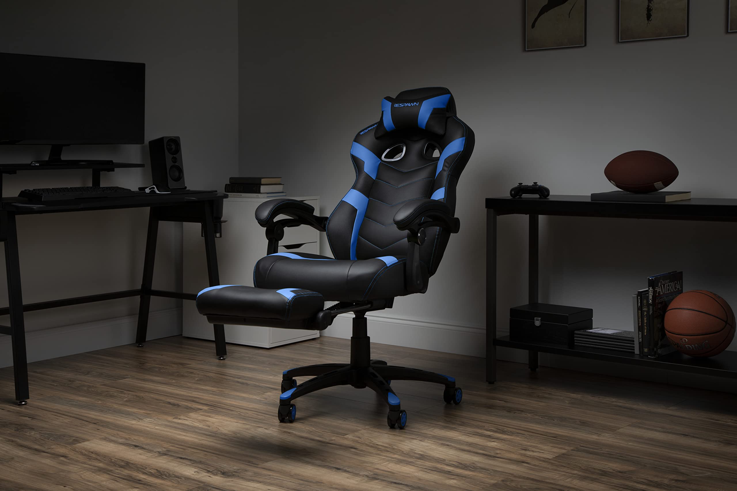 RESPAWN 110 Ergonomic Gaming Chair with Footrest - Racing Style High Back Office Chair with 360 Swivel, Adjustable Lumbar Support & Headrest Pillow - Perfect for PC Gaming, Home Office & Streaming Setup (2021 Blue)