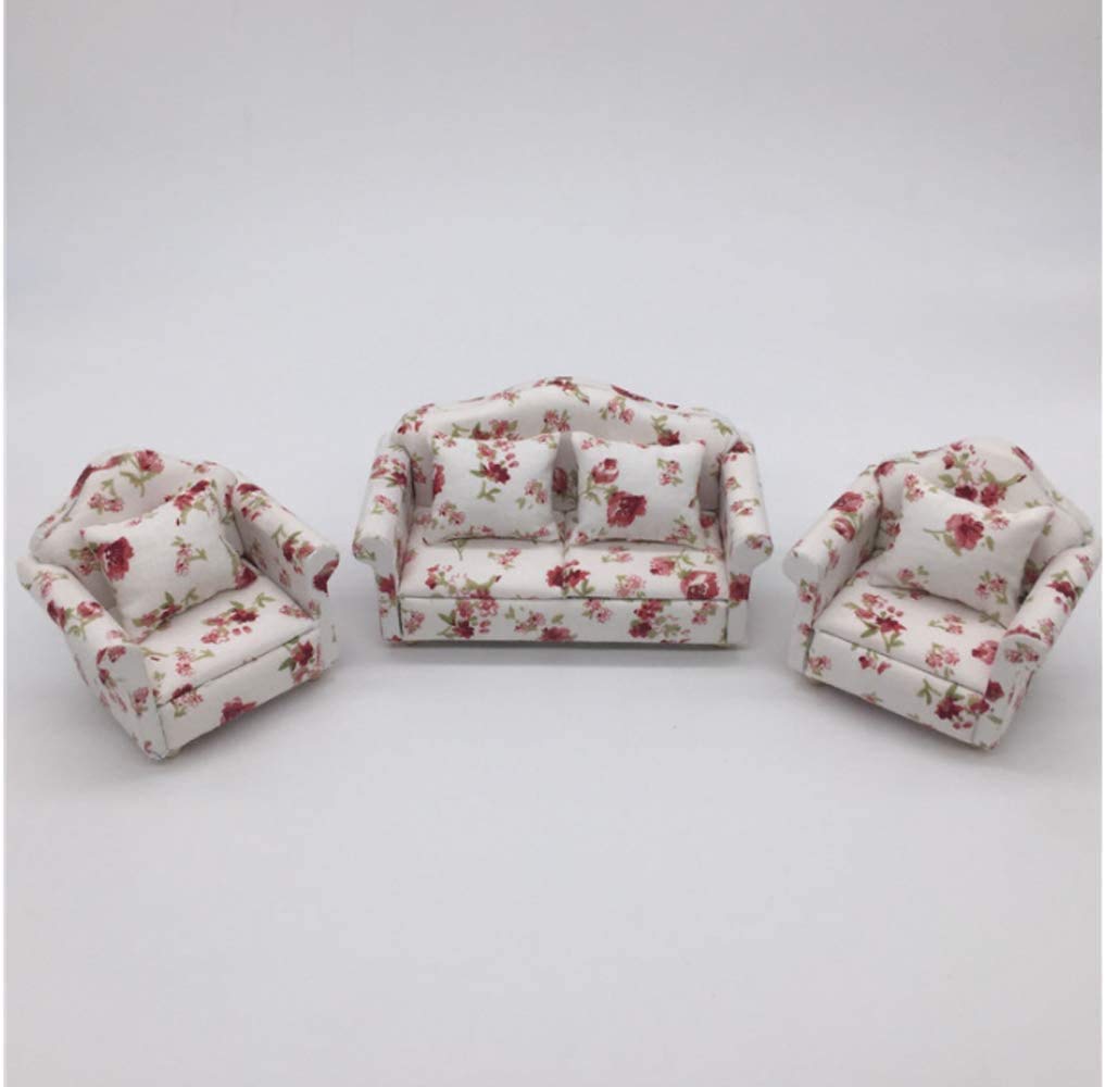 Handmade 1/12 Scale Miniature Dollhouse Furniture - Birch Wood & Fabric Sofa Set with Back Cushions for Realistic Dollhouse Decor | Perfect for DIY Miniature Scenes, Dollhouse Displays & Collectors