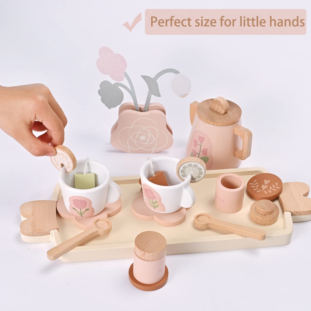 Wooden Tea Set for Toddlers & Little Girls - Montessori Pretend Play Toy with Play Food, Kids Kitchen Accessories for Tea Party & Role Play - Perfect for Pretend Play, Montessori Learning & Toddler Tea Parties
