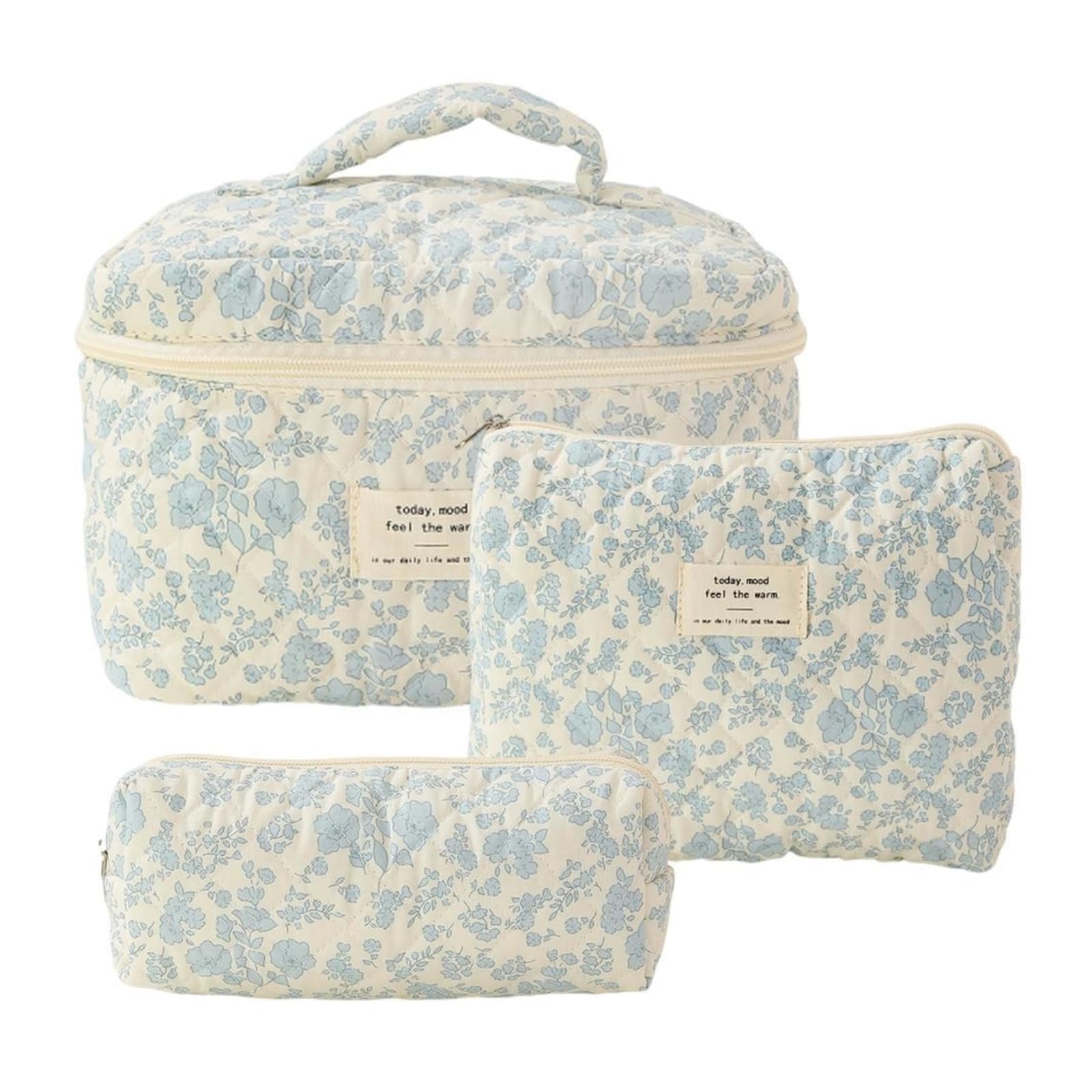 Cute Floral Quilted Makeup Bag Set - 3 Pack Aesthetic Cosmetic Organizer for Travel, Toiletries & Daily Essentials (Blue Floral) - Perfect for Vacation, Gym & College Dorm Organization