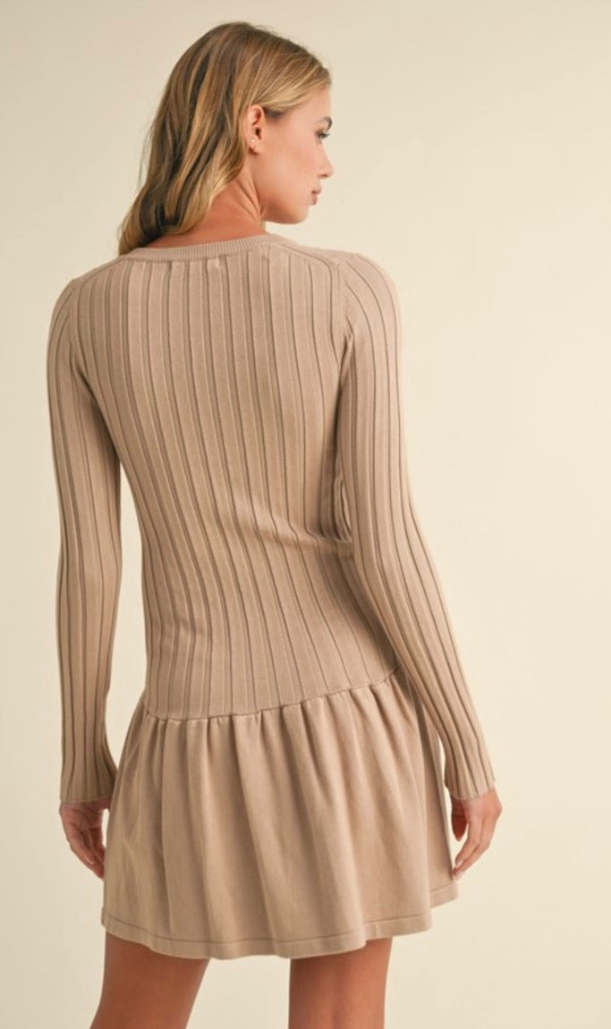 Elegant Ribbed Long Sleeve Crewneck Drop Waist Flare Dress in Taupe - Perfect for Fall/Winter, Office Wear, Date Night & Special Occasions