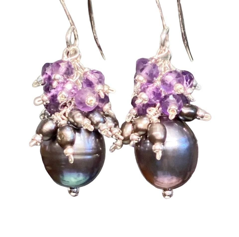 Sterling Silver Peacock Pearl Earrings with Amethyst Gemstone Clusters - Elegant Jewelry for Weddings, Parties & Special Occasions