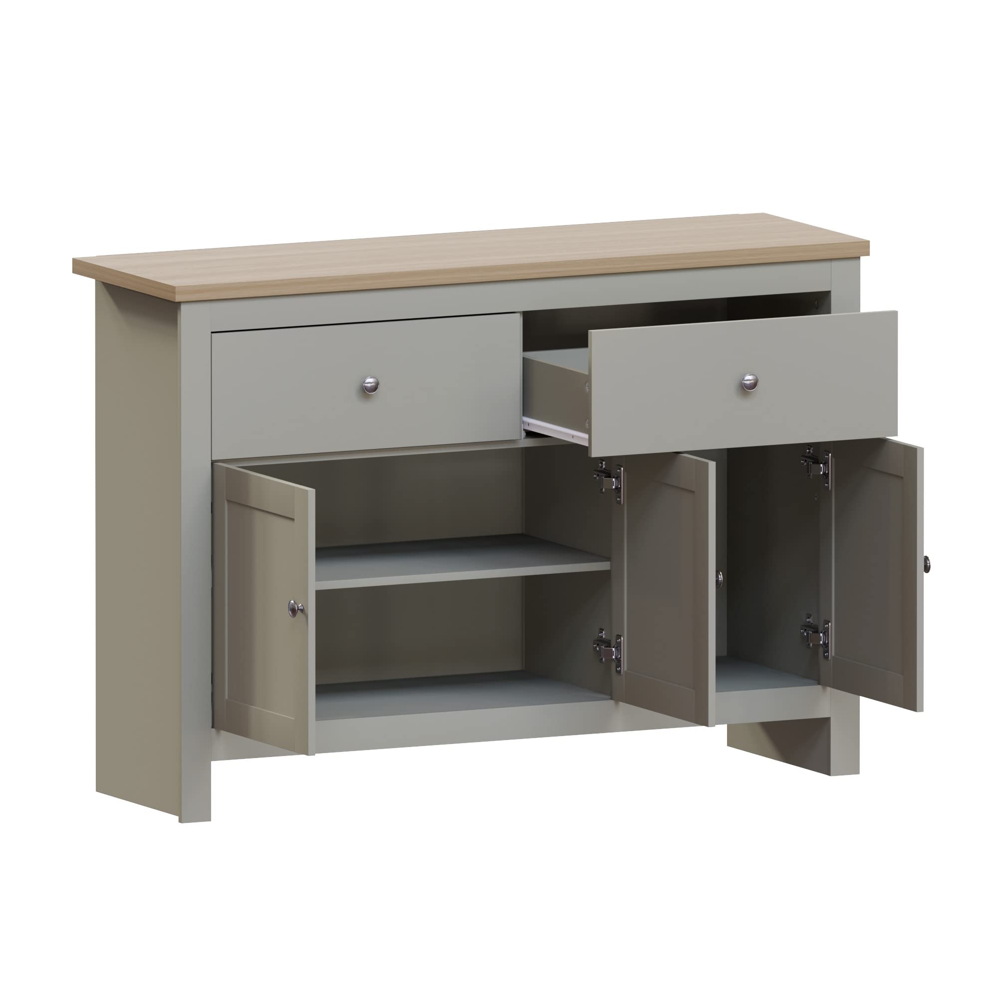 Vida Designs Arlington 2-Drawer 3-Door Sideboard Cabinet - Engineered Wood Storage Console Table in Grey & Oak Finish - 82cm Height x 117cm Width x 35cm Depth - Perfect for Living Room, Dining Room, or Entryway Storage