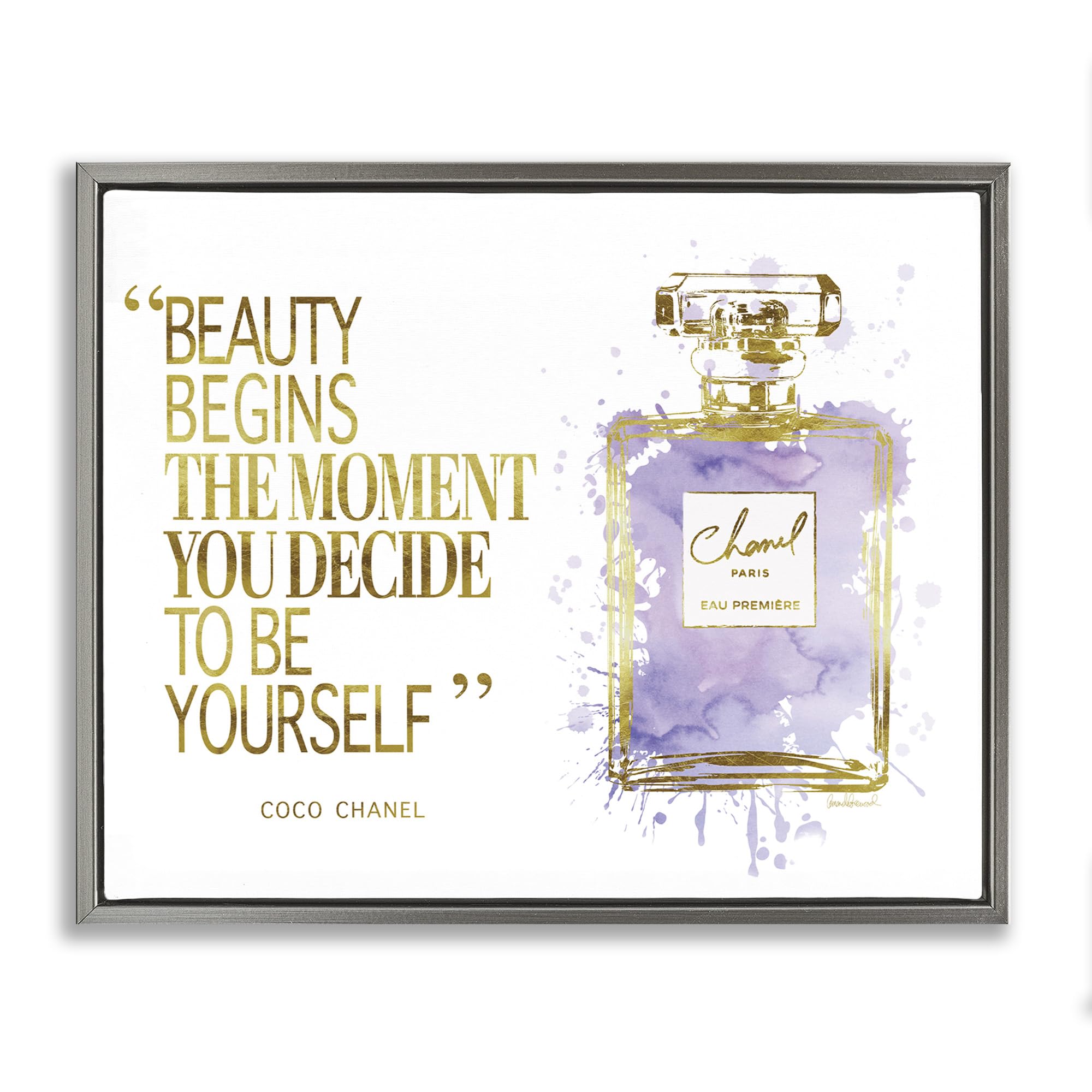Stupell Industries Beauty Begins Designer Quote Purple Glam Perfume Bottle Wall Art - Amanda Greenwood Design - Elegant Home Decor for Bathroom, Bedroom & Vanity