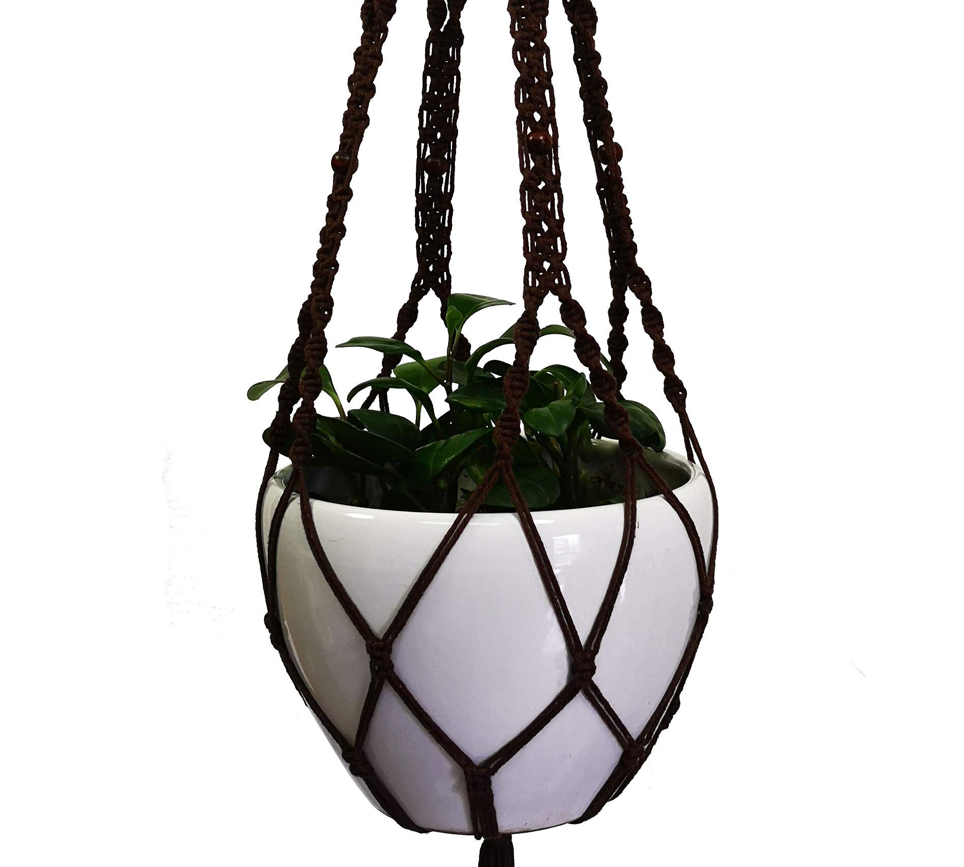 Organic Hemp & Cotton Rope Macrame Plant Hanger - 4-Leg Hanging Planter for 12-13 Inch Pots (59 Inch Length, Dark Brown) - Boho Home Decor, Indoor Plant Display, Living Room & Patio Hanging Garden
