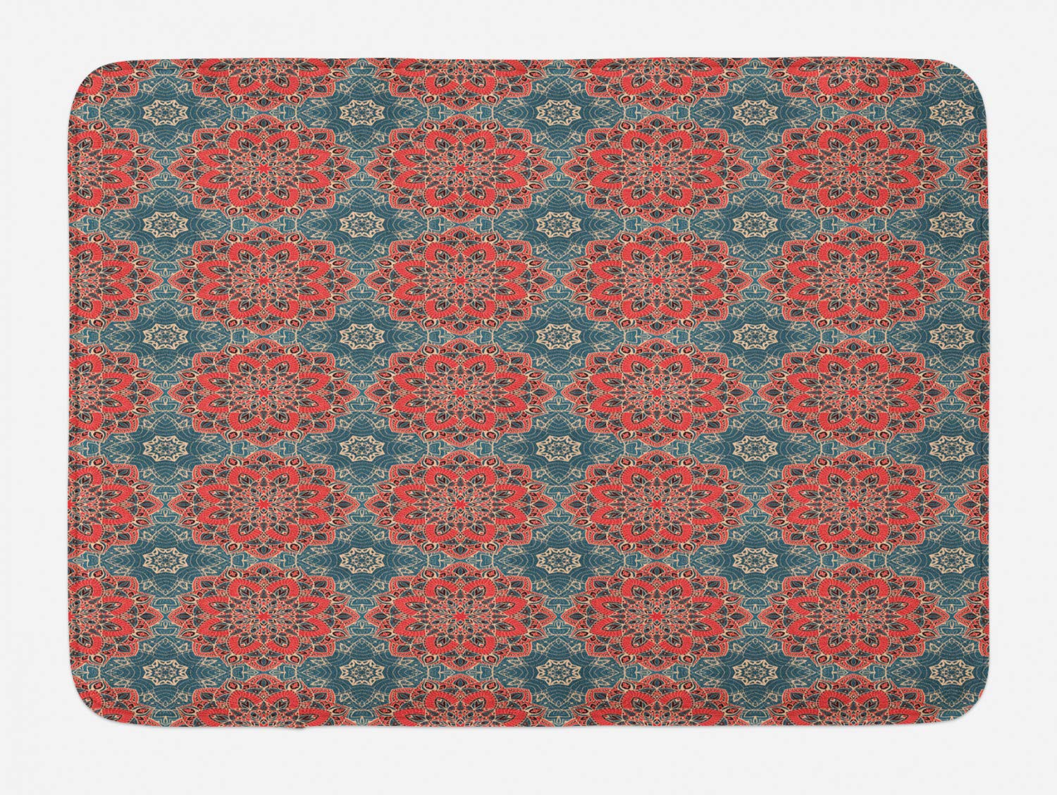 Ambesonne Mandala Bath Mat - Non-Slip Plush Bathroom Rug with Exotic Oriental Checkered Design, 30.2 x 20 Inches, Dark Coral & Slate Blue - Perfect for Spa, Yoga Studio & Boho Home Decor