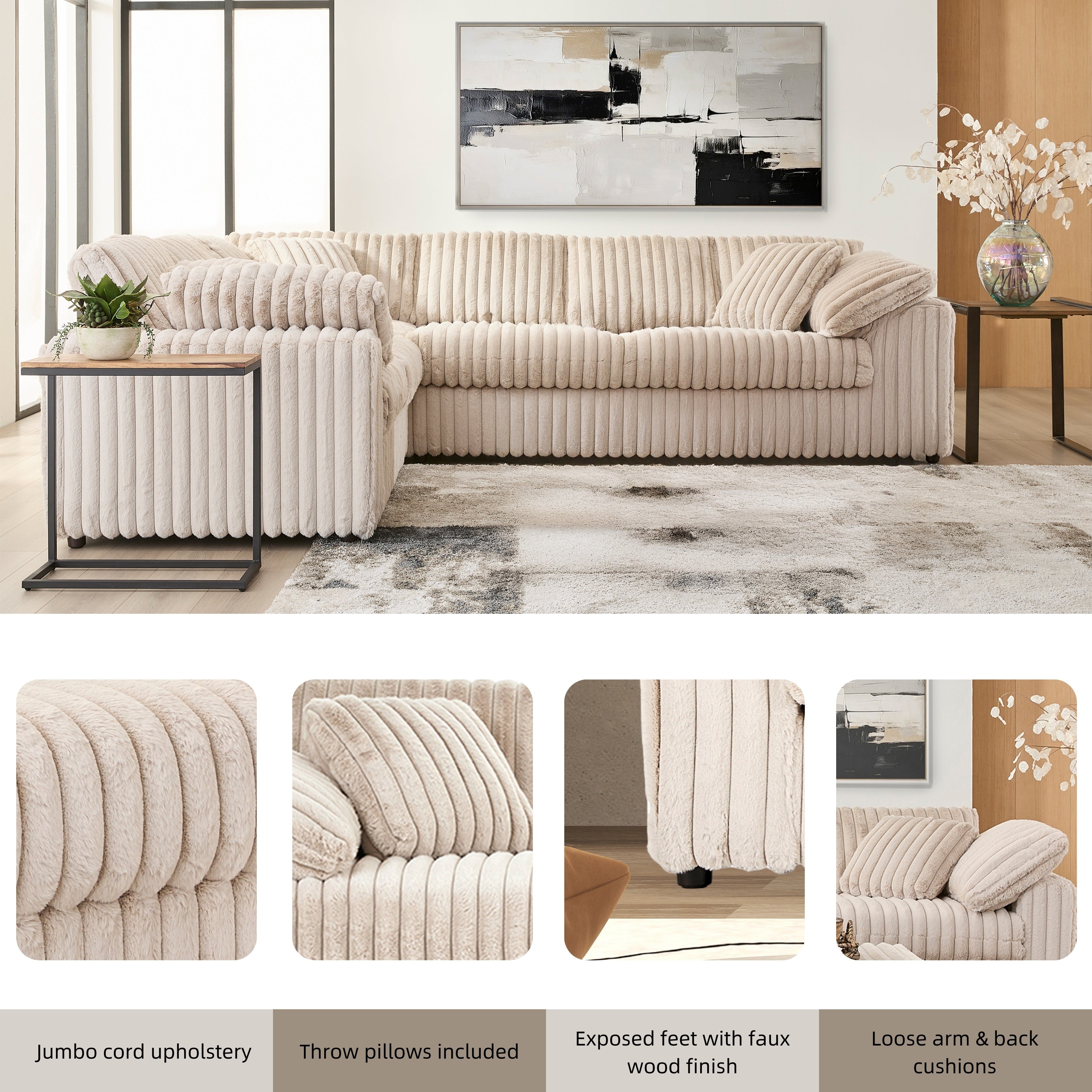 Roundhill Furniture Belvoir L-Shaped Sectional Sofa - Modern Living Room Couch for Small Spaces, Comfortable Upholstered Fabric Sofa Set with Chaise Lounge | Perfect for Apartments, Condos, and Cozy Family Rooms