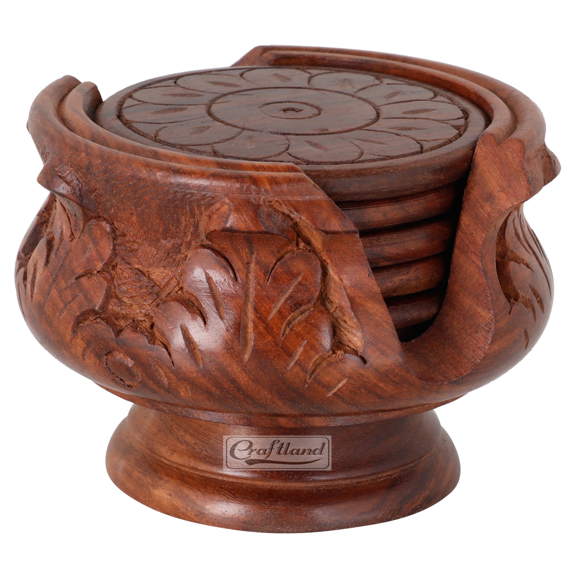 Handmade Wooden Coaster Set of 6 with Decorative Holder - Natural Carved Tabletop Drink Coasters for Coffee, Tea, Beer & Mugs - Perfect for Home Bar, Office Desk & Indian Style Decor
