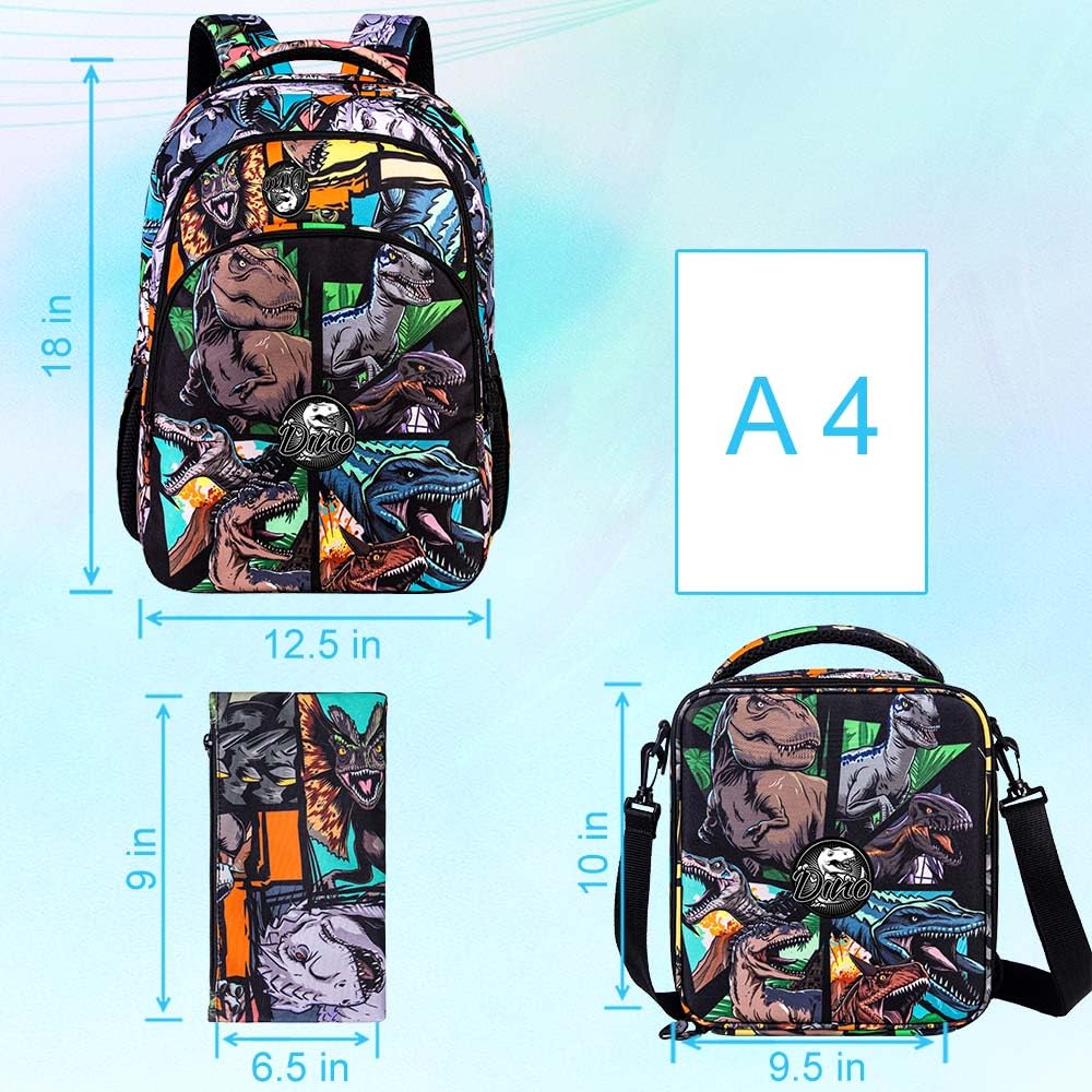 Durable 3PCS Water-Resistant 17 Inch Laptop Backpack for Men & College Students - Anti-Theft Dinosaur Design School Bookbag for Teen Boys - Perfect for Travel, Work & Campus Use