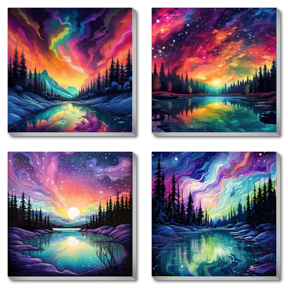4 Pack DIY Aurora Landscape Paint by Numbers Kit for Adults - Framed Canvas with Acrylic Paints & Brushes - 8x8 Inch Home Wall Art Decor - Perfect for Beginners, Stress Relief & Creative Gift Ideas