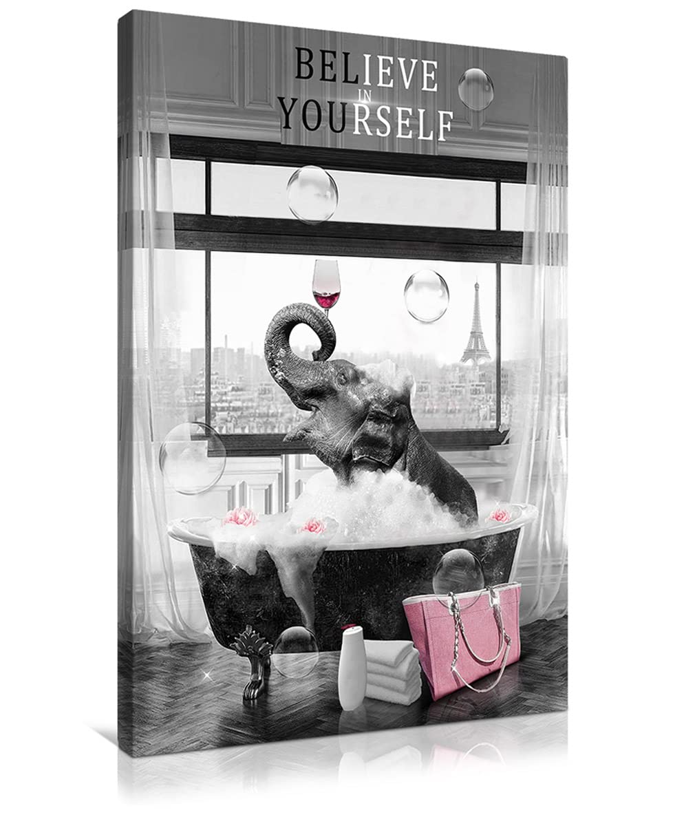 Funny Elephant Canvas Wall Art - Black & White Pink Painting of Elephant Bathing in Bathtub, Modern Framed Picture (16x24 Inches) for Living Room, Kitchen & Bathroom Decor | Perfect Gift for Animal Lovers & Home Decoration