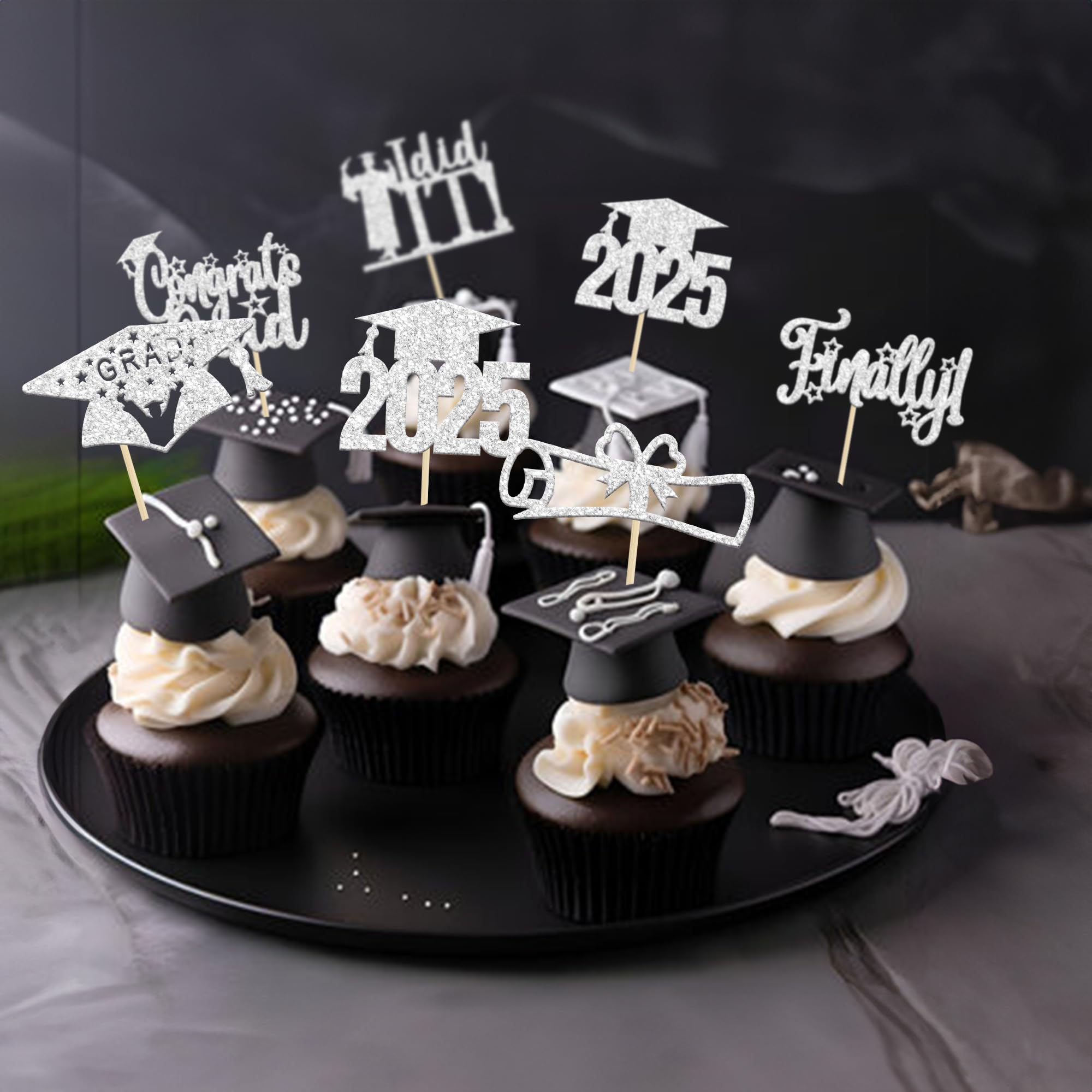 24 PCS 2025 Graduation Cupcake Toppers - Glitter Graduation Cap & Diploma Cake Decorations - Congrats Grad Finally I Did It - Silver Theme Party Supplies for Graduation Celebrations, School Parties & Dessert Decorating