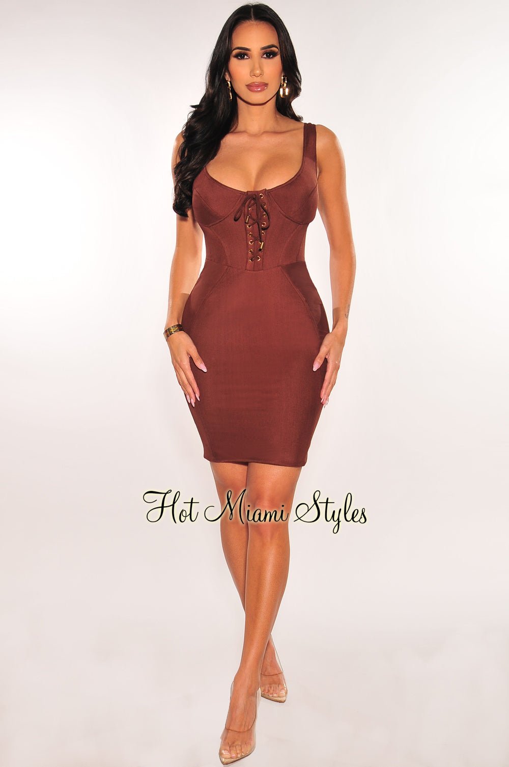 Sexy Chocolate Brown Padded Underwire Lace Up Bustier Dress for Women - Perfect for Date Night, Cocktail Parties & Romantic Occasions