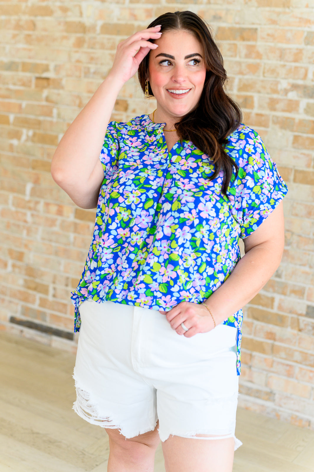 Lizzy Cap Sleeve Top - Floral Print Women's Blouse in Royal Blue & Pink | Casual Summer Tops for Women, Perfect for Beach Outings & Date Nights
