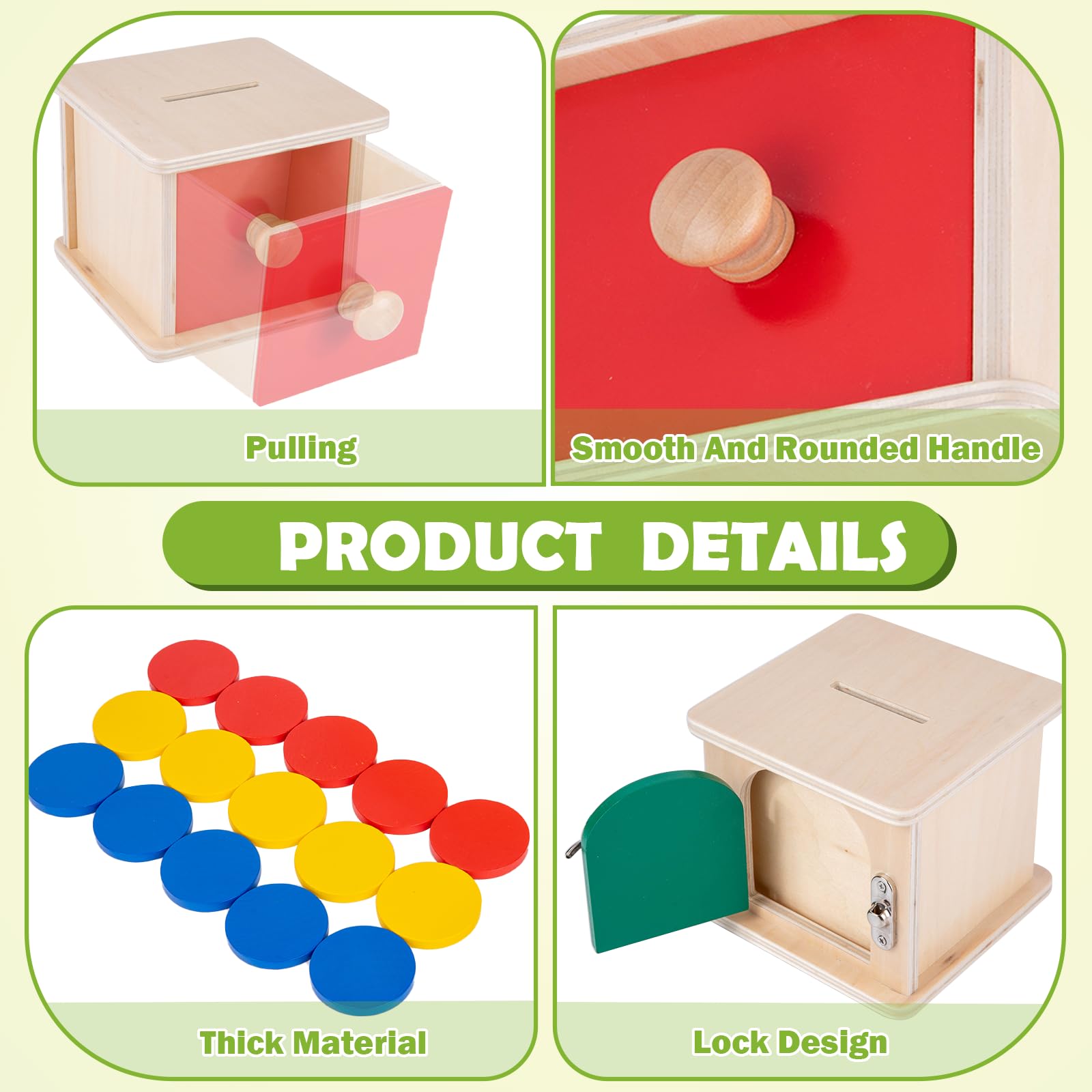 Adena Montessori Coin Lock Box - 2 in 1 Wooden Object Permanence Box with Coins for Babies 6-12 Months | Early Learning Toy for Problem Solving Skills | Perfect Gift for 1 Year Old Toddlers | Great for Montessori Classroom & Home Playtime