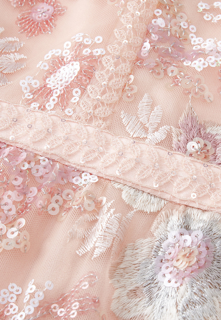 Elegant Paneled Feather Trim Embroidered Sequin Detail Party Dress for Women - Perfect for Evening Gala, Prom, Cocktail Events & Special Occasions