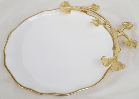 14.5x12.25x2 Inch Gold and White Leaf Round Decorative Plate - Perfect for Dining Table Centerpiece, Wedding Decor, and Home Accents