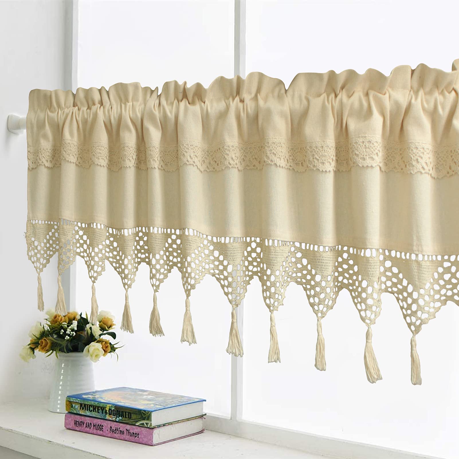 Linen Crochet Window Valance with Tassel - 23