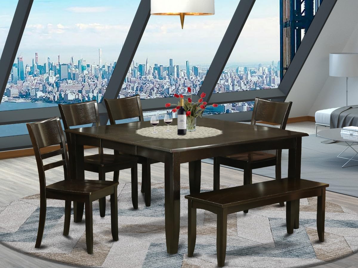 East West Furniture 6-Piece Dining Set with Butterfly Leaf Table & 4 Chairs + Bench - 54x54 Inch Cappuccino - Perfect for Small Kitchens, Breakfast Nooks & Cozy Dining Spaces