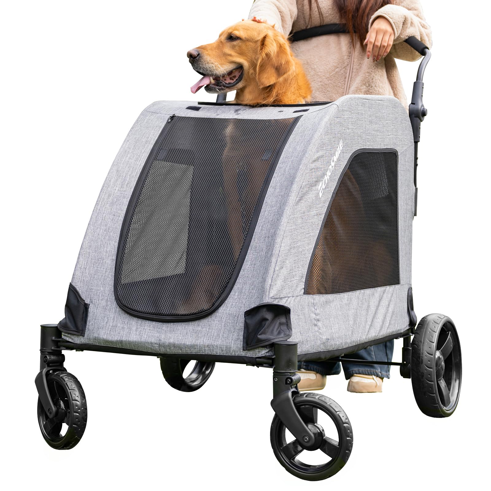 EchoSmile XL Extra Large Dog Stroller for 2 Medium Dogs - Lightweight Foldable Pet Stroller with Adjustable Handles & All-Terrain 4 Wheels - Dual Entry Safety Design Holds Up to 160 lbs (Gray) - Perfect for Park Walks, Vet Visits, and Senior Dog Transportation