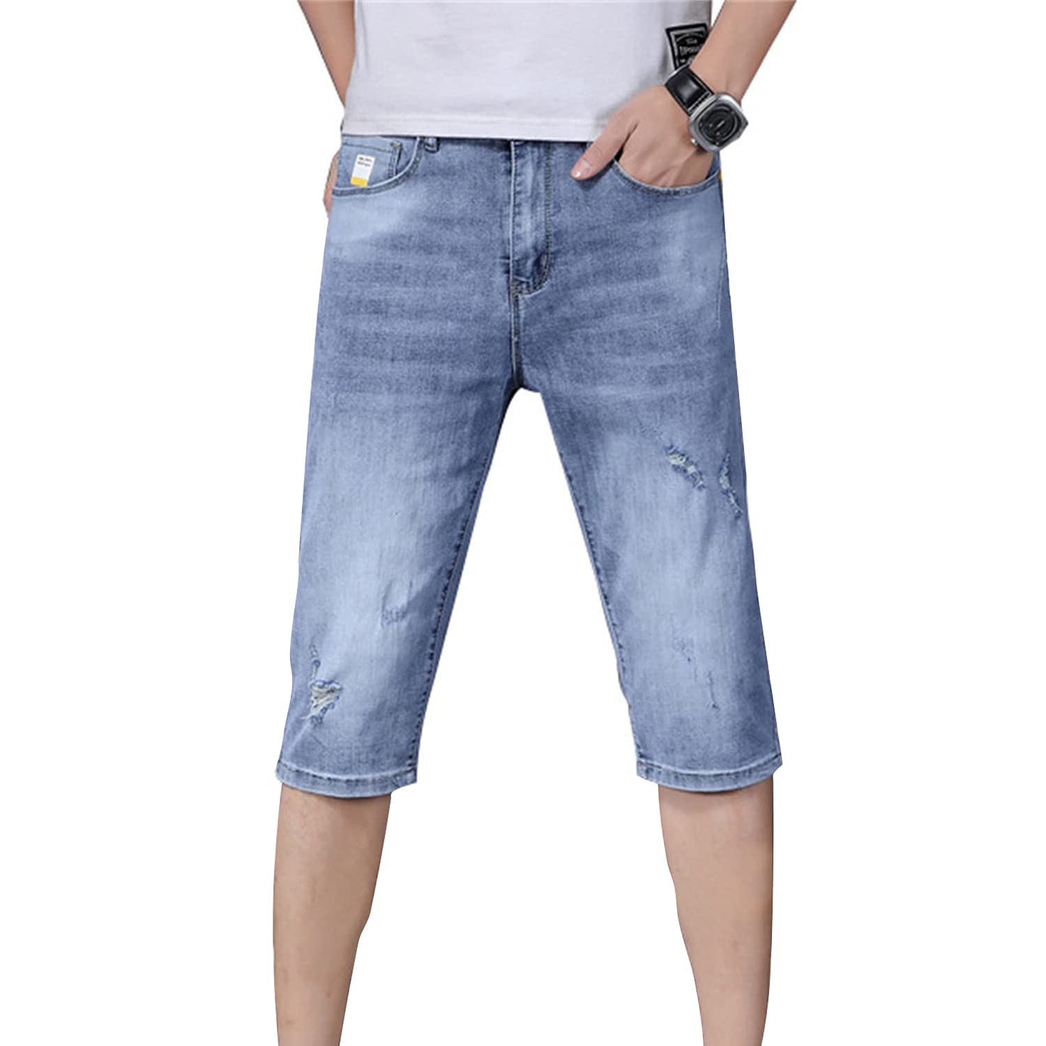 Men's Slim Fit Distressed Denim Shorts - Below Knee Length, Low Waist with Drawstring | Casual Summer Wear, Beach Outings & Street Style (Blue, Size 33)