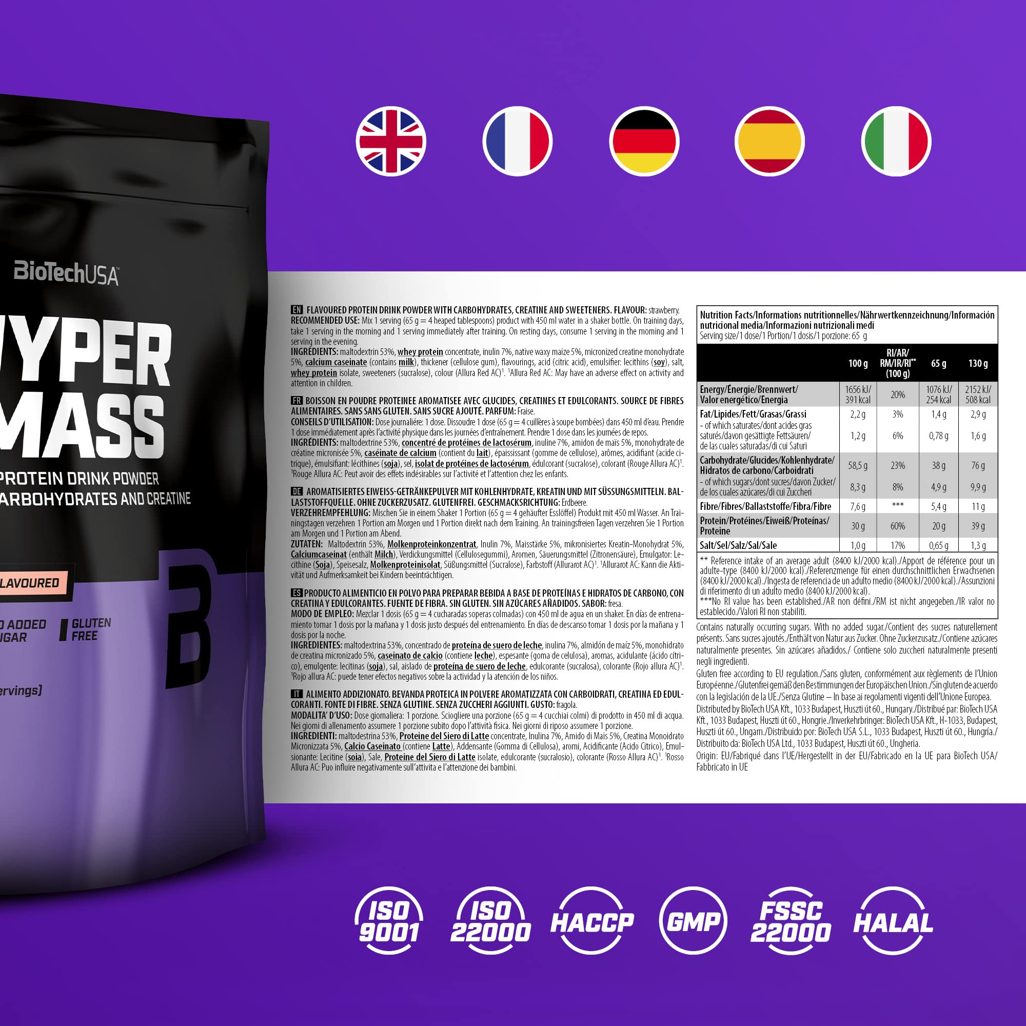 BioTechUSA Hyper Mass Gainer - 1000g Strawberry Flavor for Muscle Growth & Recovery | Post-Workout & Weight Gain Supplement