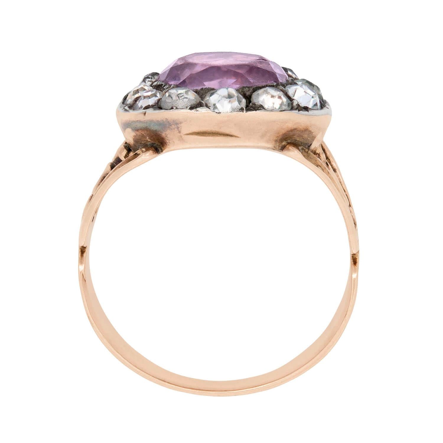 12k Gold Georgian Style Pink Amethyst and White Paste Halo Ring - Vintage Inspired Jewelry for Weddings, Anniversaries & Special Occasions