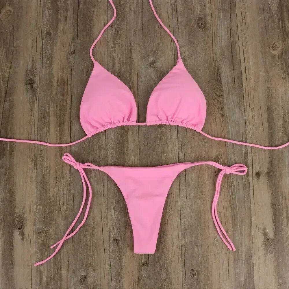 2 Pcs Women's Sexy Solid Color Bikini Set - Halter Neck Strap Thong Swimwear Bathing Suit for Beach, Pool Party & Summer Vacation