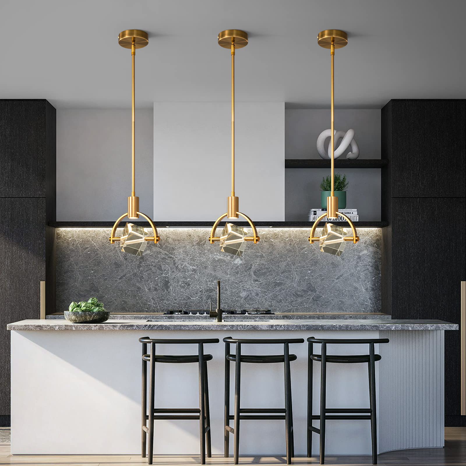 Modern Gold Brushed Brass Crystal Pendant Ceiling Light with Integrated LED - Kitchen Island, Bedroom & Dining Room Lighting Fixture (1-Light) - Perfect for Contemporary Home Decor and Ambient Lighting