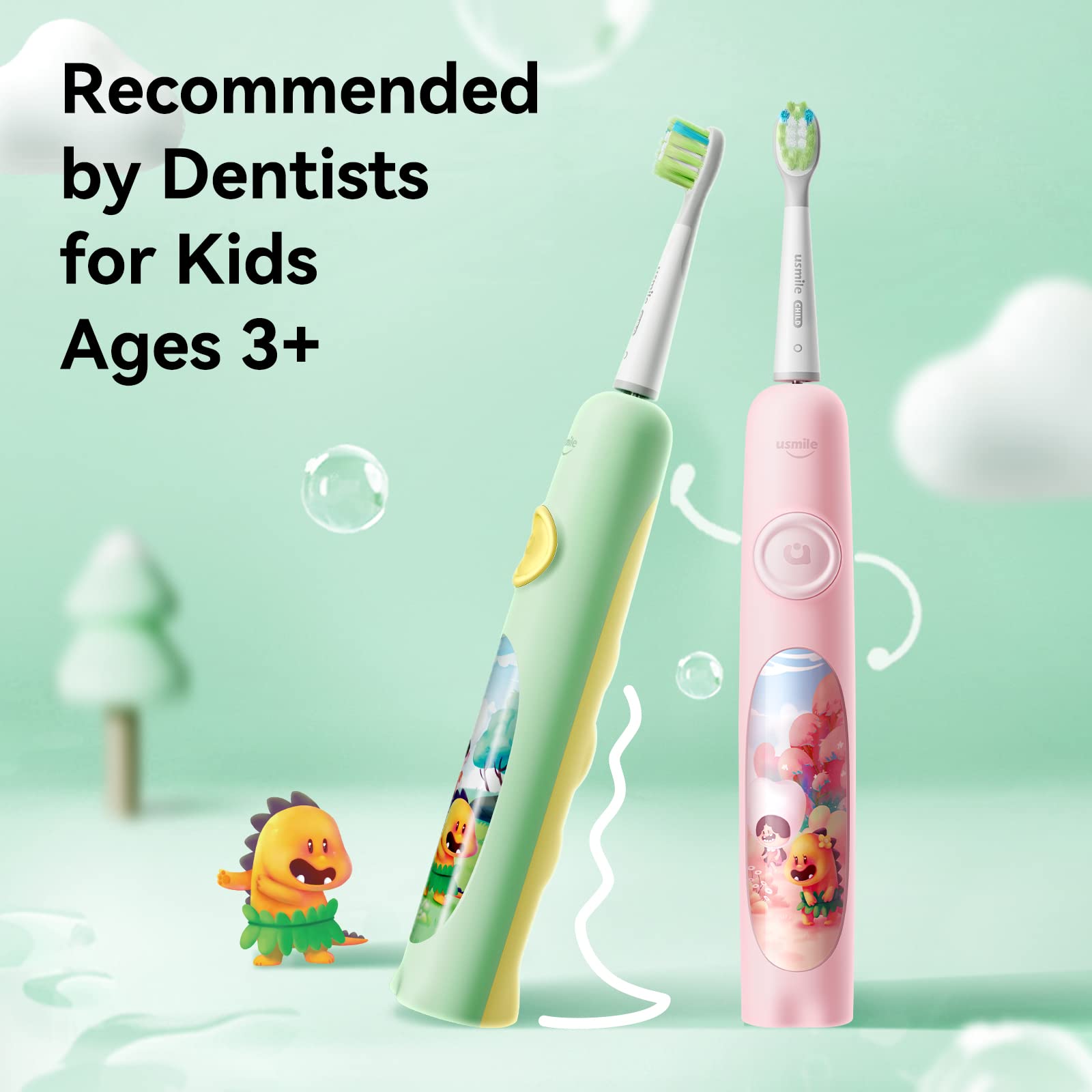 usmile Kids Electric Toothbrush - Soft Bristles, 2-Minute Timer, Ergonomic Silicone Handle, 6-Month Battery Life, for Ages 3+ (Green) - Perfect for Gentle Teeth Cleaning & Developing Healthy Oral Hygiene Habits in Children