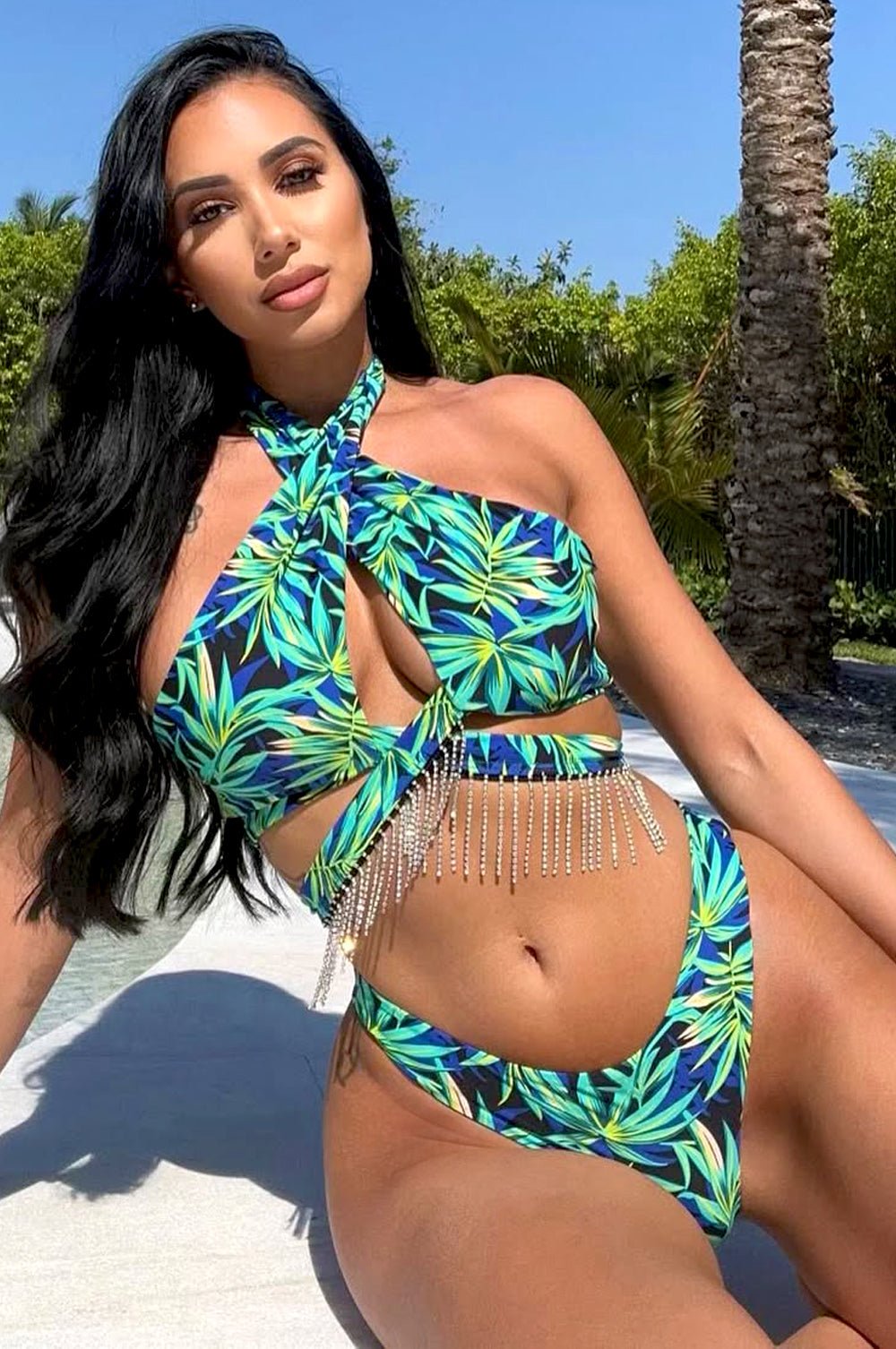 Sexy Tropical Print CrissCross Fringe Rhinestone Wrap Bikini Bottom - High Waisted Scrunch Butt Swimwear for Women, Perfect for Beach Vacations & Pool Parties