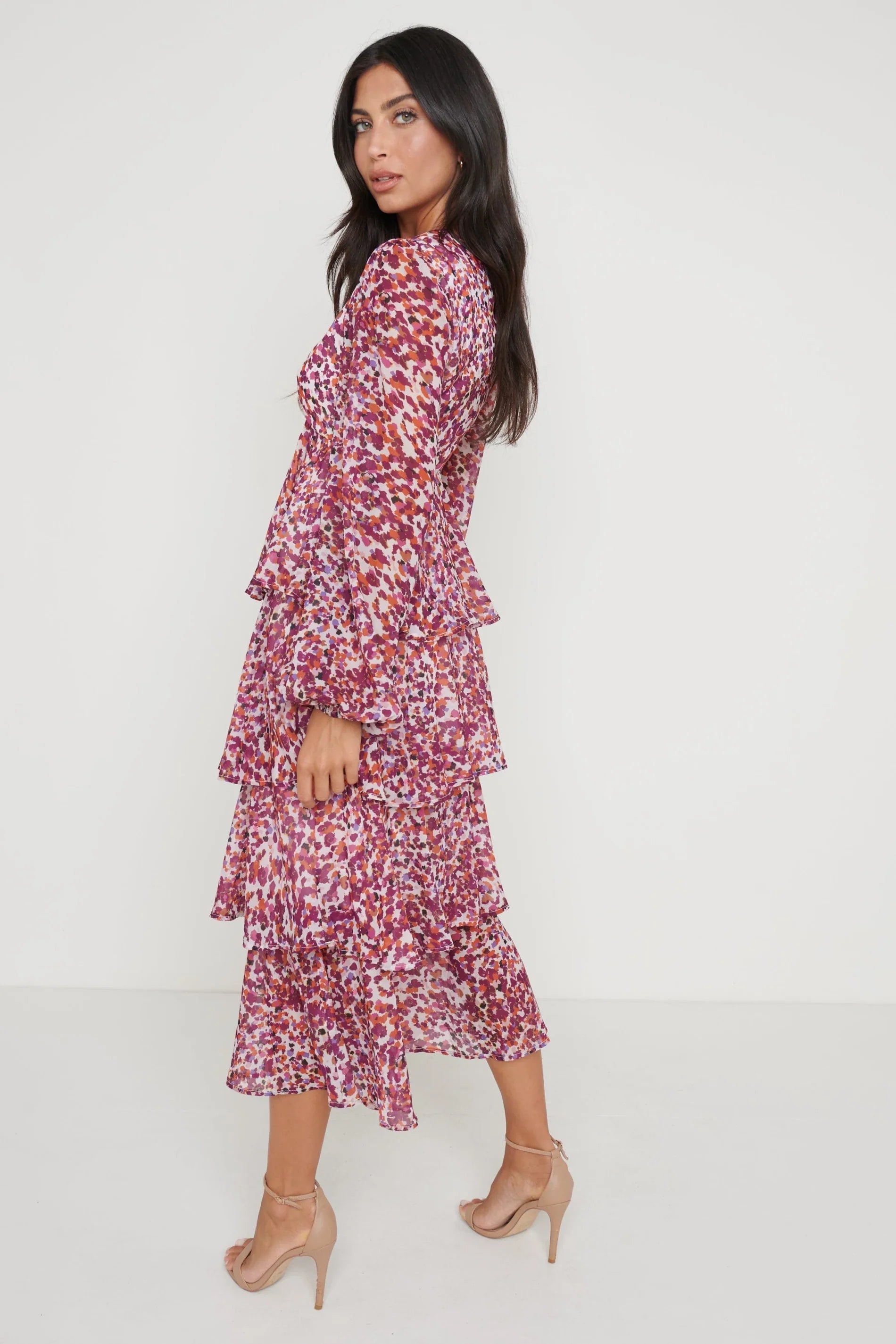 Ashton Ruffle Midi Dress - Coral Abstract Print Flowy Summer Dress for Women, Plus Size & Curve Friendly, Perfect for Beach Vacations, Parties & Casual Outings