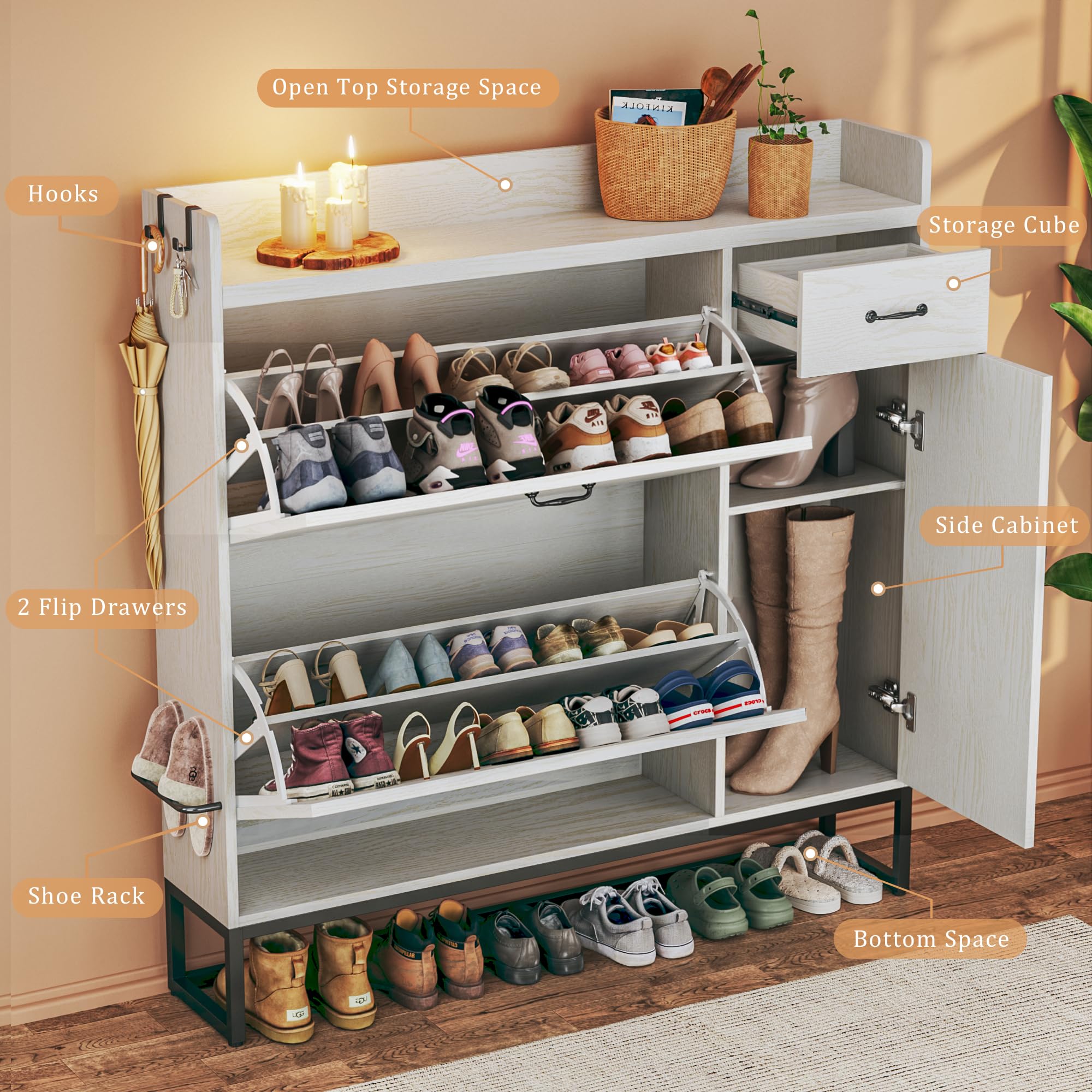 White Shoe Cabinet with 2 Flip Drawers & Side Storage - Adjustable Shelves Shoe Organizer for Entryway, Hallway - Space Saving Mounted Shoe Rack for Home, Apartment, Dorm Room Organization
