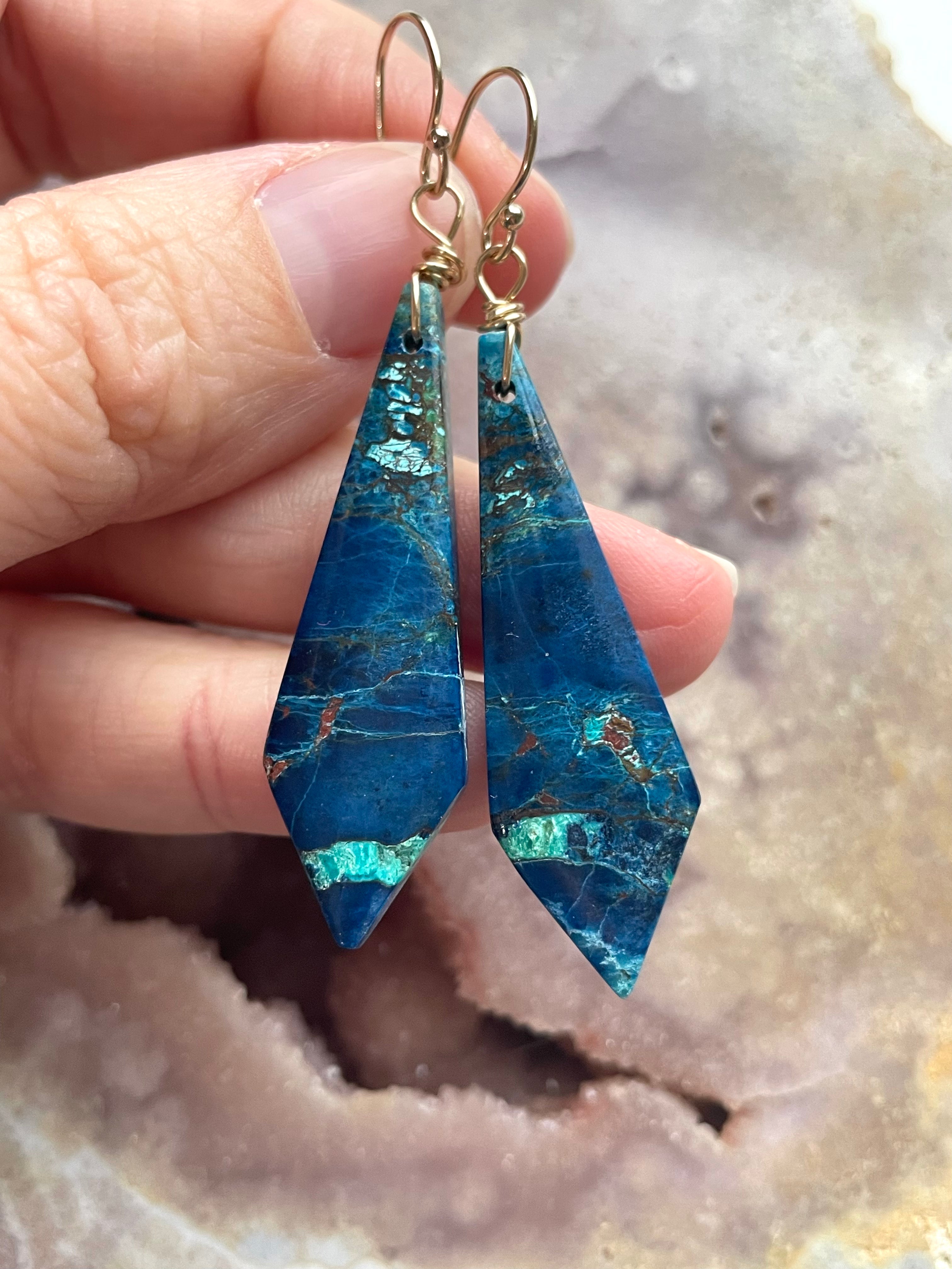 Chrysocolla Gold-Filled Statement Crystal Gemstone Earrings for Women | Elegant Dangle Drop Earrings for Party, Wedding & Evening Wear