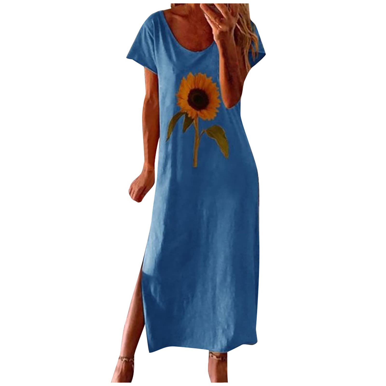 Women's Floral Print Loose Split Sleeve Sunflower Dress - Casual O-Neck Russian Folk Style Summer Dress for Beach, Vacation & Boho Fashion