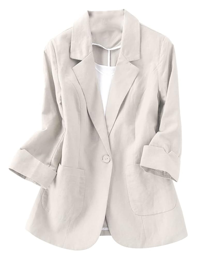Women's Casual 3/4 Sleeve Cotton Linen Blazer Jacket - Breathable Open Front Summer Office Wear & Outdoor Cover-Up