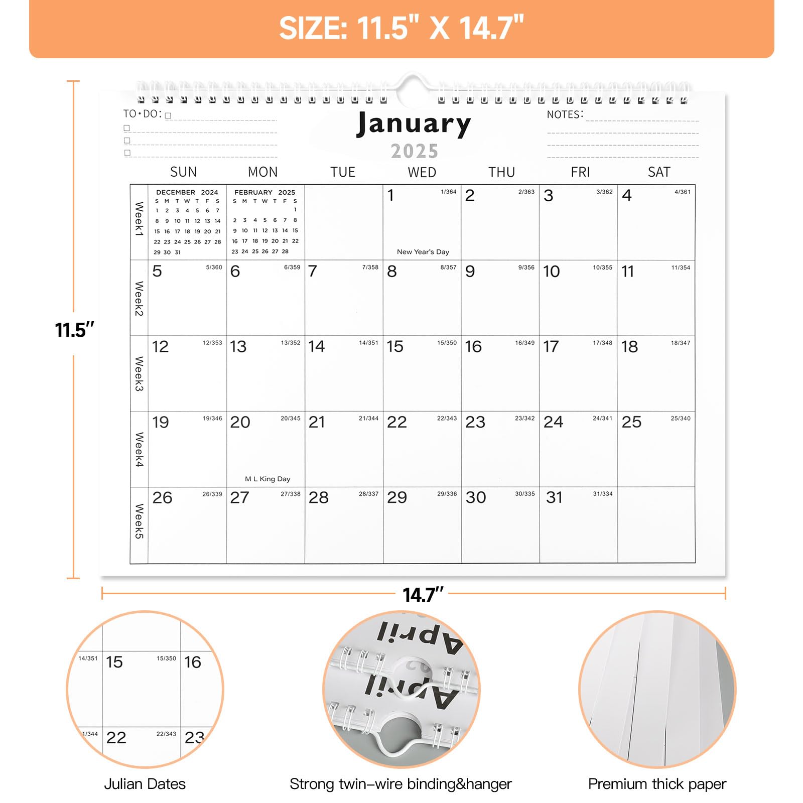 2025-2026 Wall Calendar with Julian Dates | 18-Month Planner from January 2025 to June 2026 | 14.7 x 11.5 Inch Thick Paper Monthly Calendar | Perfect for Office, Home & School Planning | Great Holiday Gift for Christmas & New Year