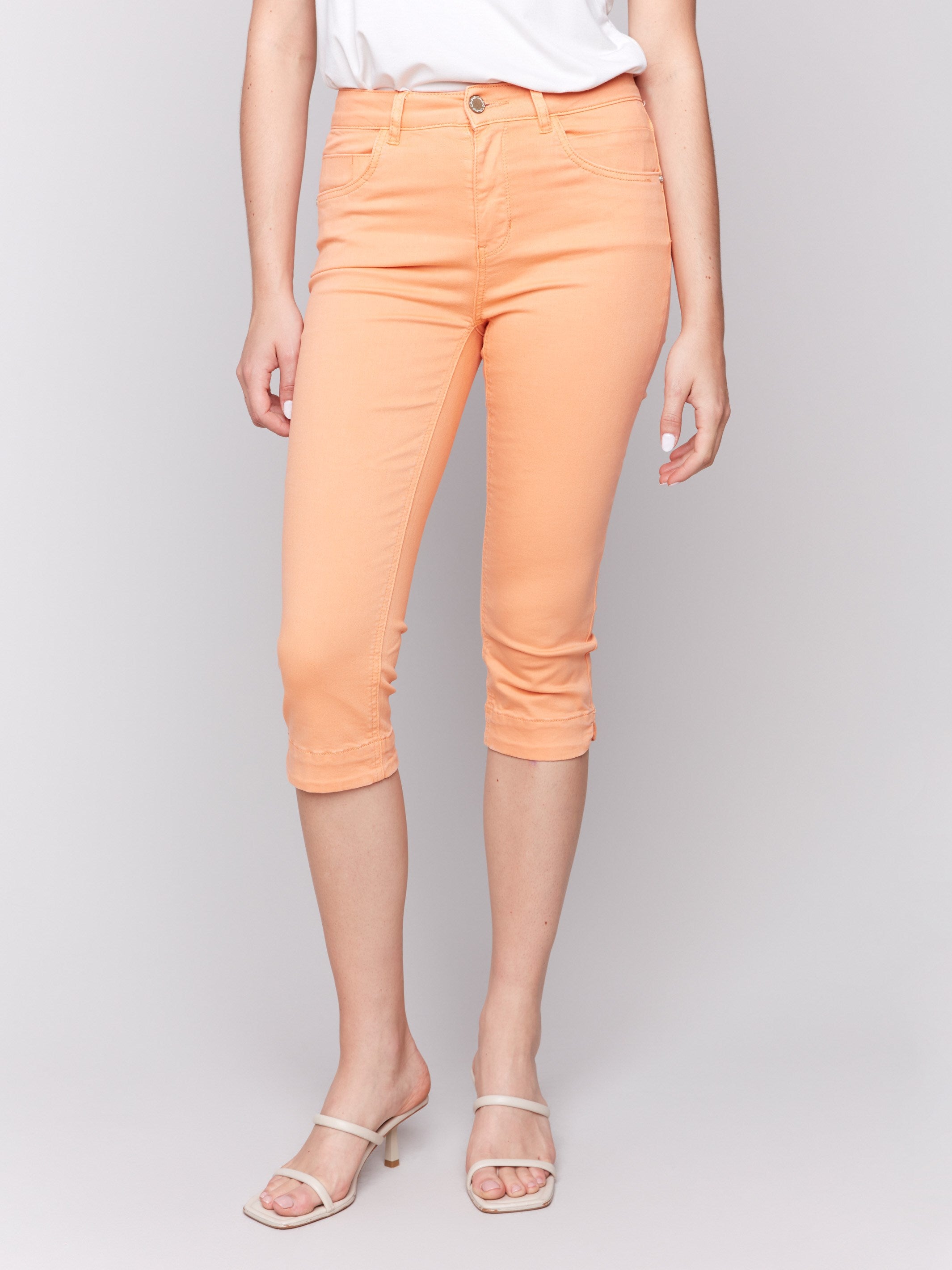 Women's Knee High Capri Twill Pants - Comfortable & Stylish Casual Wear for Summer, Beach, and Travel | Papaya Color