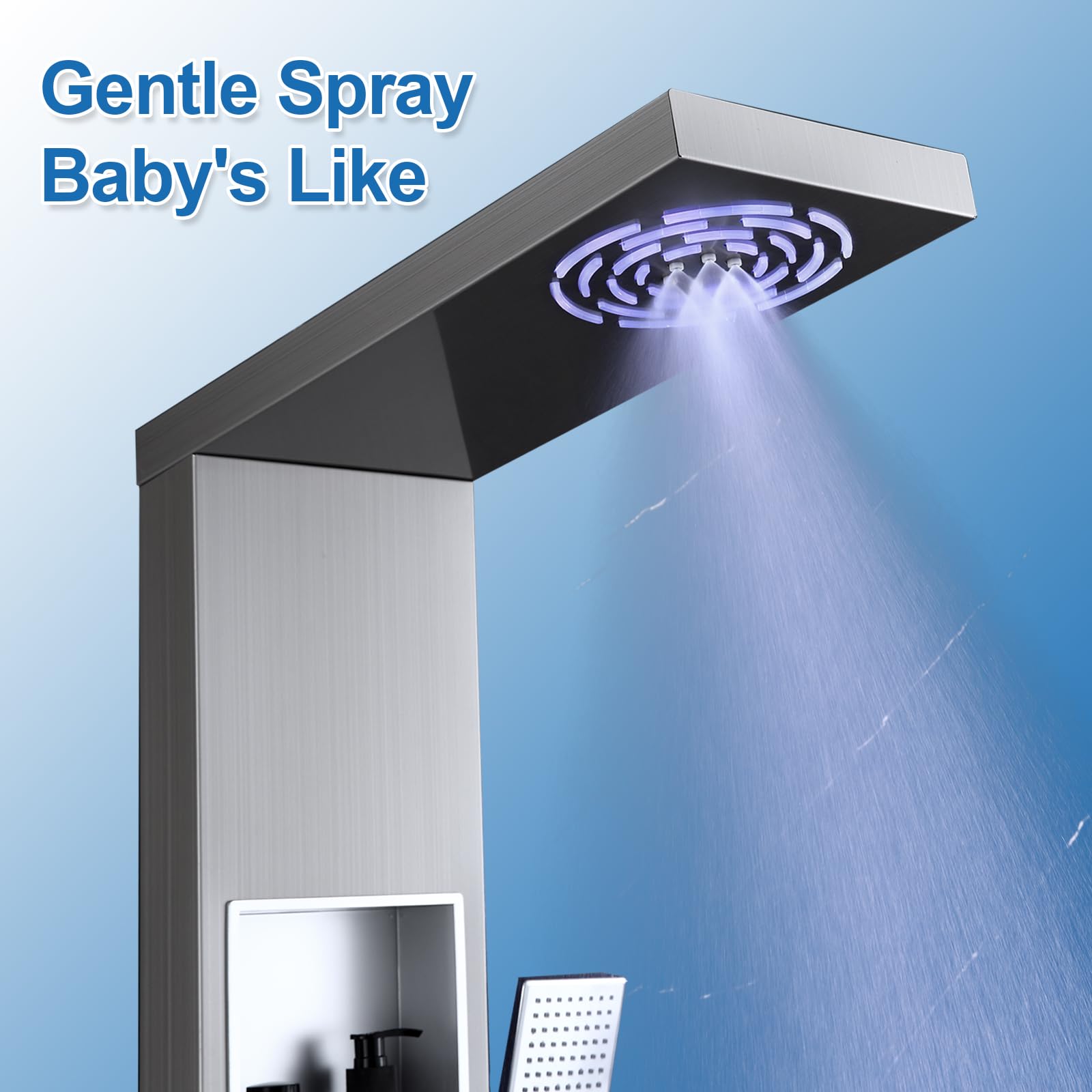 Premium Stainless Steel Shower Panel Tower System with LED Rainfall & Mist Shower Head, 4 Adjustable Body Jets, Hand Shower, Built-in Shelf & Tub Spout - Perfect for Modern Bathroom Renovation & Spa-Like Shower Experience