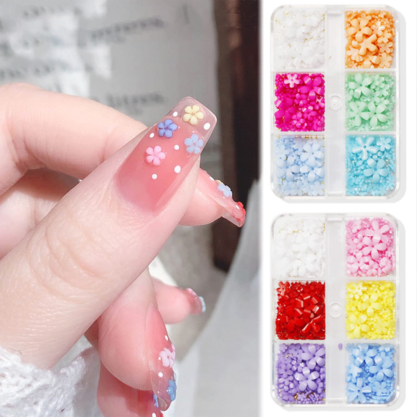 NICENEEDED 3D Flower Nail Charms - 2 Boxes Mixed Sizes Acrylic Floral Nail Art Rhinestones with Gold & Silver Beads for DIY Nail Decoration | Spring Blossom Nail Gems for Manicure, Wedding, Party & Salon Nail Art Designs