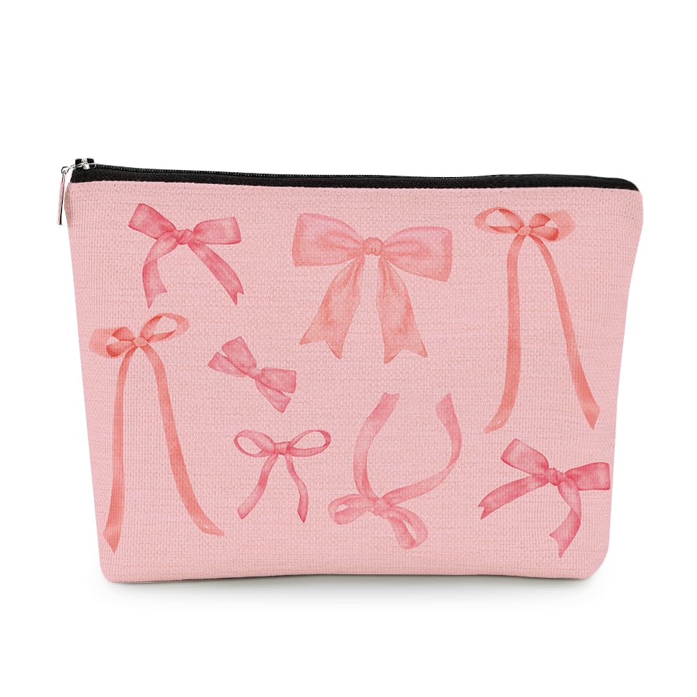 EXUQO Coquette Pink Bow Preppy Small Makeup Bag for Women | Trendy Cosmetic Pouch with Zipper | Perfect Gift for Teen Girls, Mother, Sister & Friend | Birthday, Travel & Toiletry Organizer | Cute Pink Aesthetic Accessory for School, Work & Vacation