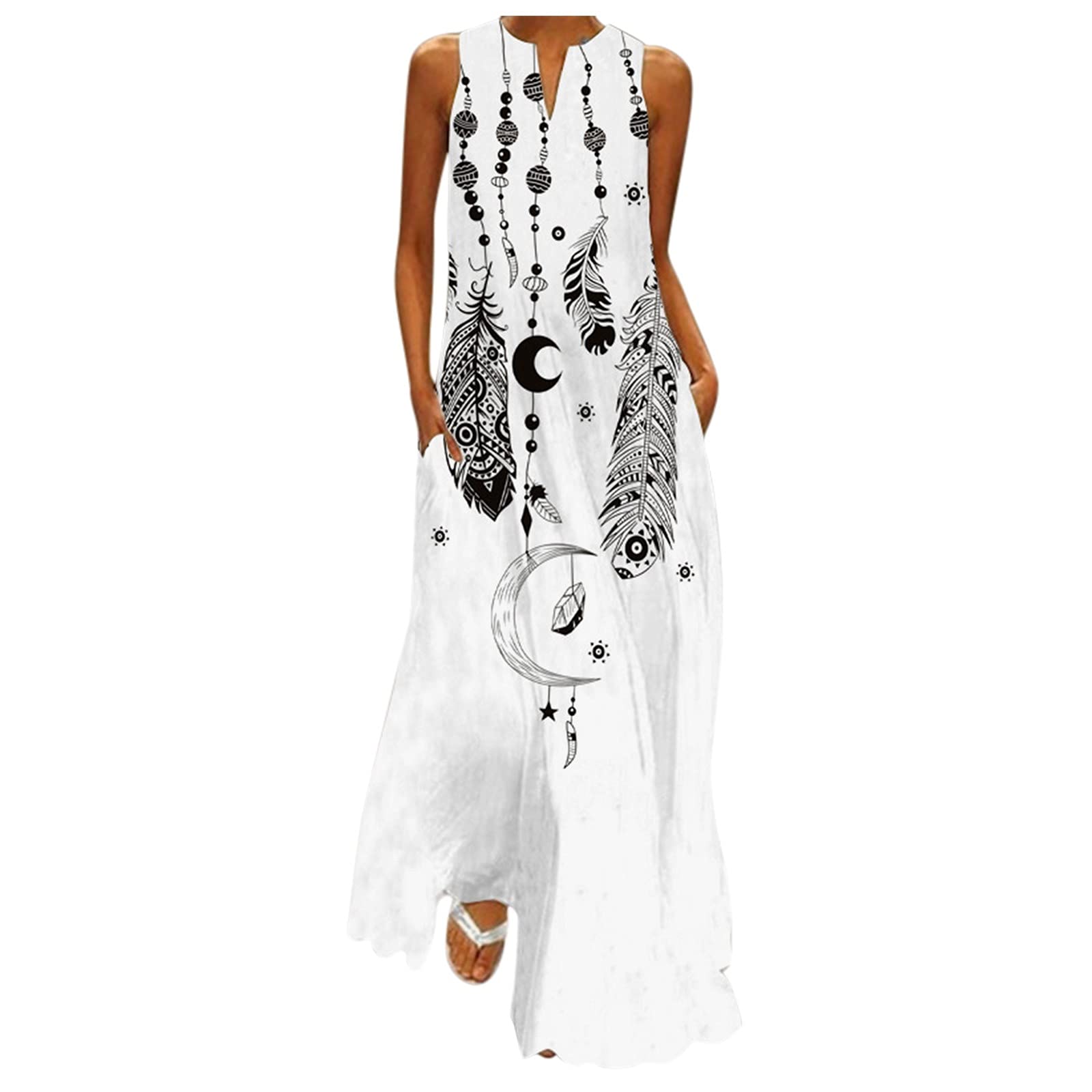 Women's Summer Maxi Dress with Pockets - V Neck Sleeveless Floral Print Cami Party Dress for Semi Formal Occasions | Perfect for Weddings, Beach Vacations & Date Nights