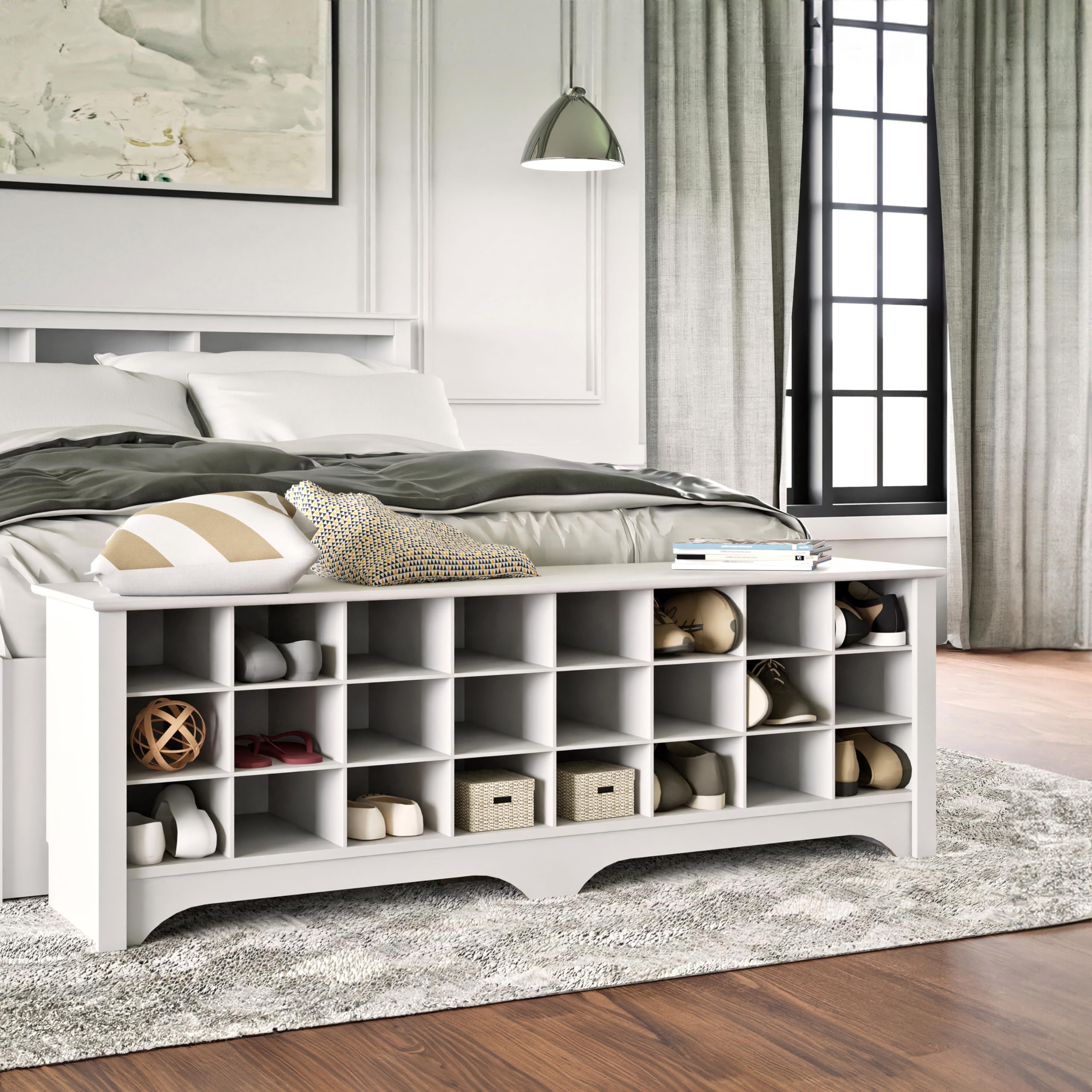 White Hall Bench with Storage - 24-Shoe Cubby Entryway Bench, 15.5
