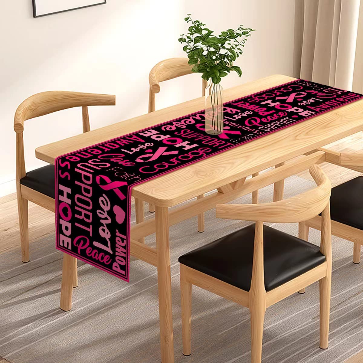 Pink Ribbon Breast Cancer Awareness Table Runner - Love Hope Faith Support for October Kitchen & Dining Room Decor - Perfect for Fundraisers, Awareness Events & Home Decor