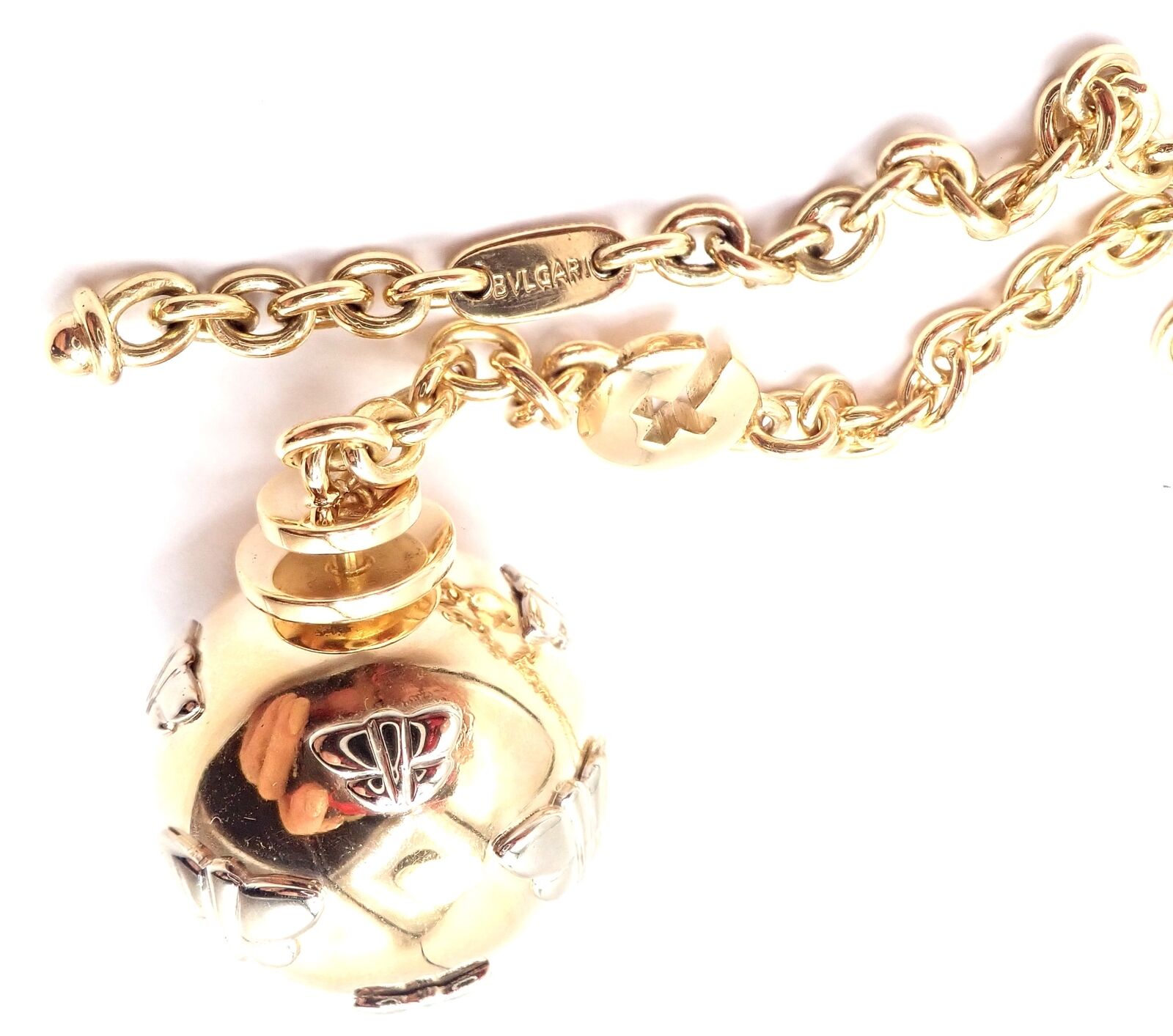Authentic Bvlgari 18k Yellow Gold Butterfly Globe Pendant Necklace with Chain - Elegant Jewelry Gift for Women, Perfect for Parties & Special Occasions