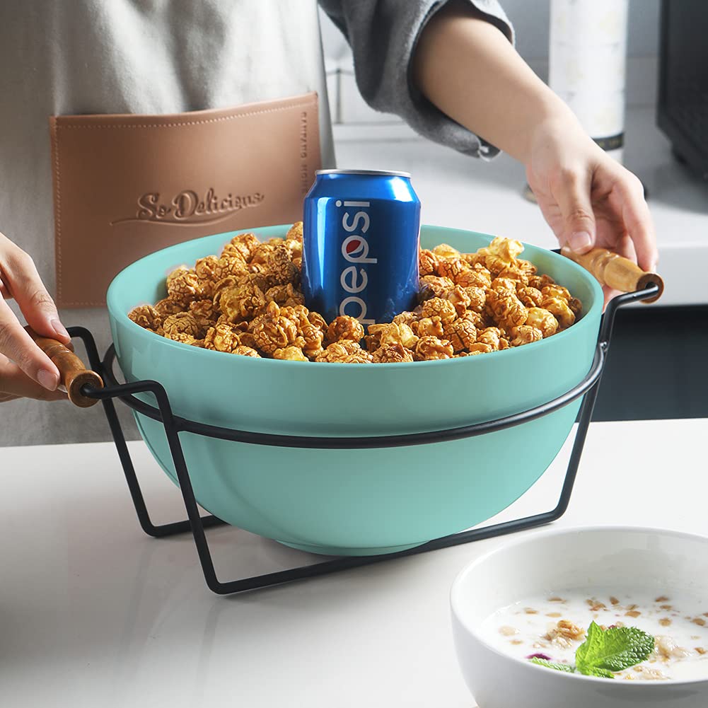 Sweejar 3.7 Quart Porcelain Serving Bowl for Salad, Popcorn, Fruit & Snacks - 138oz Large Mixing Bowl with Stand - Perfect for Family Gatherings, Parties & Entertaining (Turquoise)