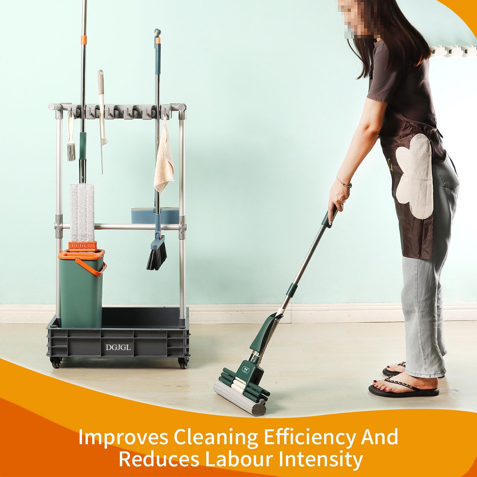 Heavy-Duty Rolling Broom Mop Holder - Wall Mounted Cleaning Supplies Organizer with Wheels for Janitor Carts & Housekeeping Stations - Ideal for Garage, Garden, Closet & Cabinet Storage - Perfect for Home, Office & Commercial Cleaning Organization